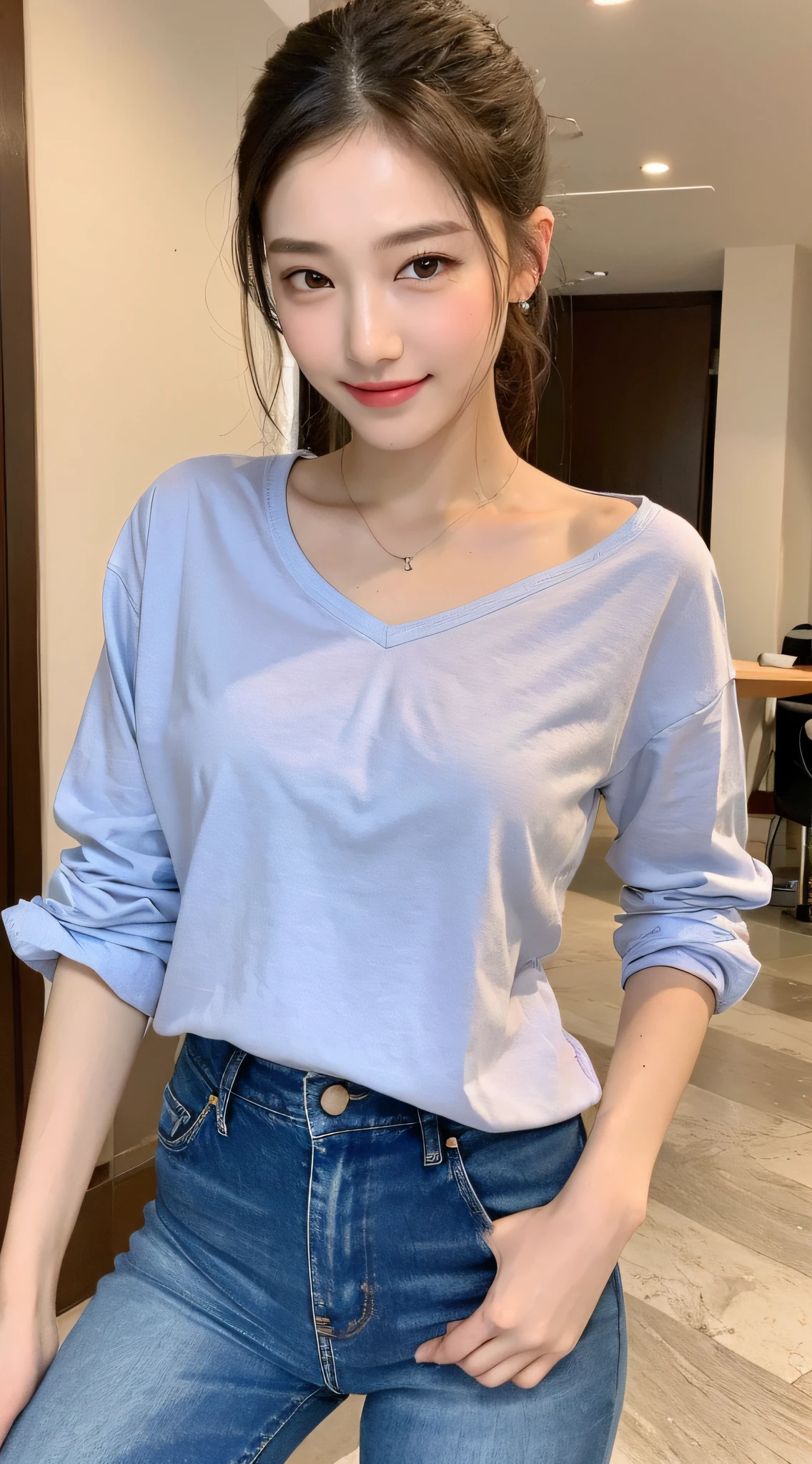 ((Best Quality, 8K, Masterpiece: 1.3)), 1 Girl, Slim Abs Beauty: 1.3, (Casual Hairstyle,: 1.2), Super Fine Face, Delicate Eyes, Double Eyelids, Smile, Home, Best Quality, Masterpiece, Multiple Girls, Shirt Lift, Jeans, Shirt,