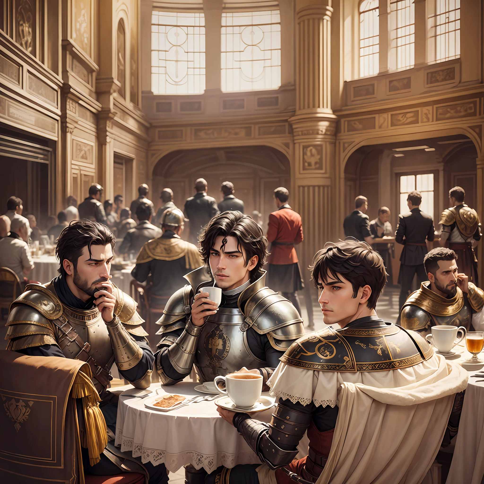 Roman, imperial, drinking coffee, cafeteria, 2guys, roman armor, detailed, artwork, detailed, sharp focus, cute filter --auto --s2
