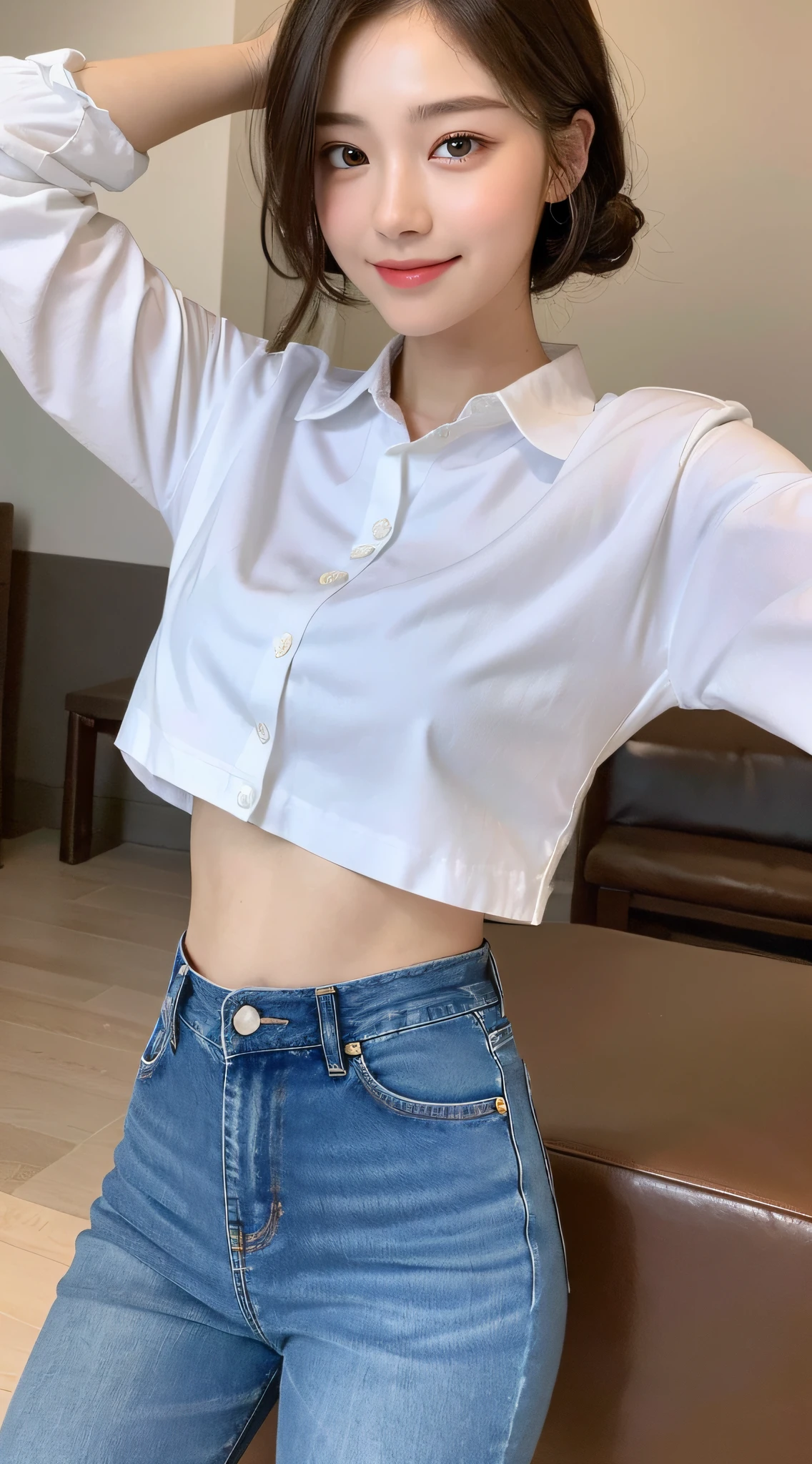 ((Best Quality, 8K, Masterpiece: 1.3)), 1 Girl, Slim Abs Beauty: 1.3, (Casual Hairstyle,: 1.2), Super Fine Face, Delicate Eyes, Double Eyelids, Smile, Home, Best Quality, Masterpiece, Multiple Girls, Shirt Lift, Jeans, Shirt,