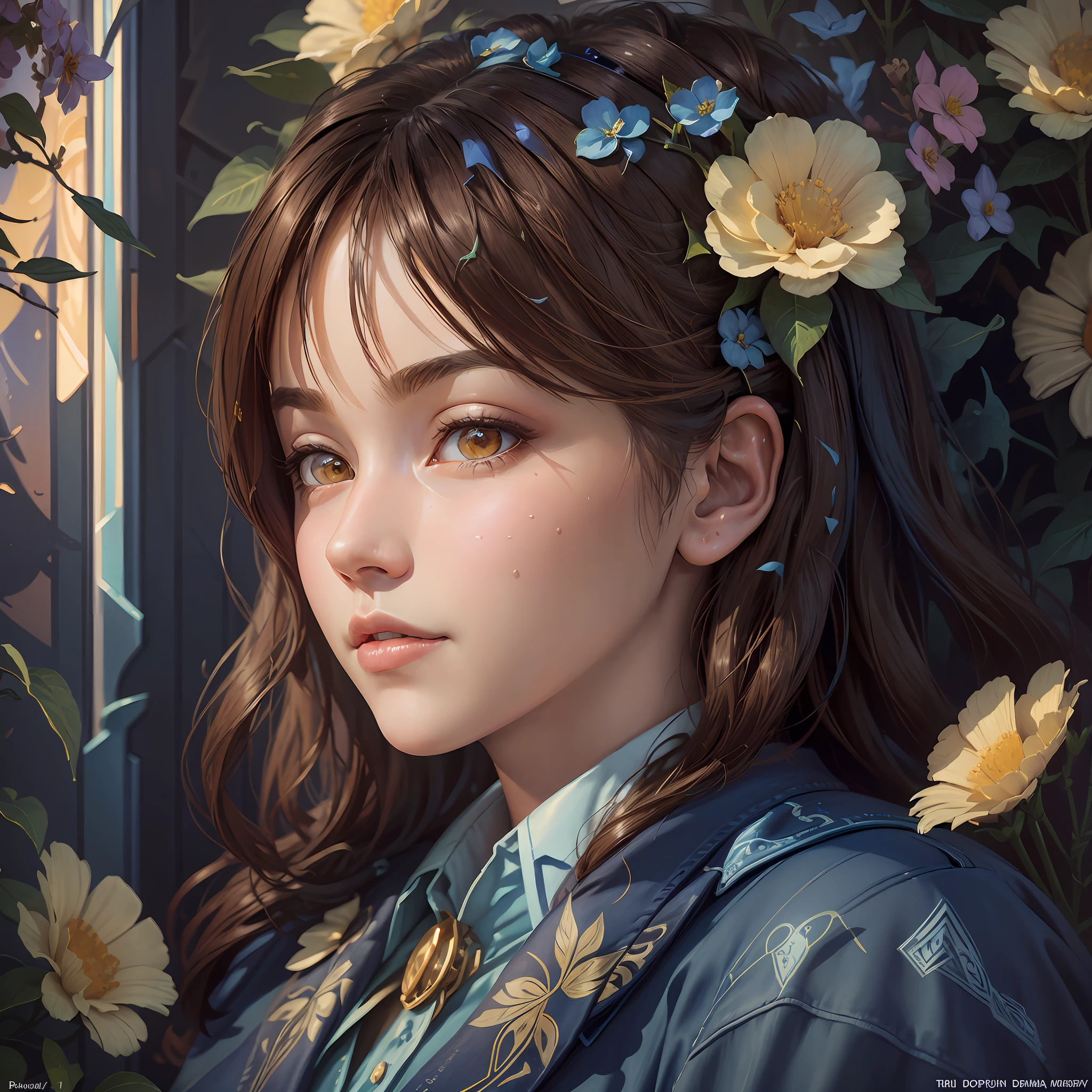 Surrealist female portraits by David Hockney and Alphonse Mucha, fantasy art, photorealism, dynamic lighting, artstation, poster, volumetric lighting, very detailed faces, 4k, award-winning, 1girl, sunny, in the middle of flowers, low-key, denim photos, (formal wear: 1.4), long brown hair, --auto --s2