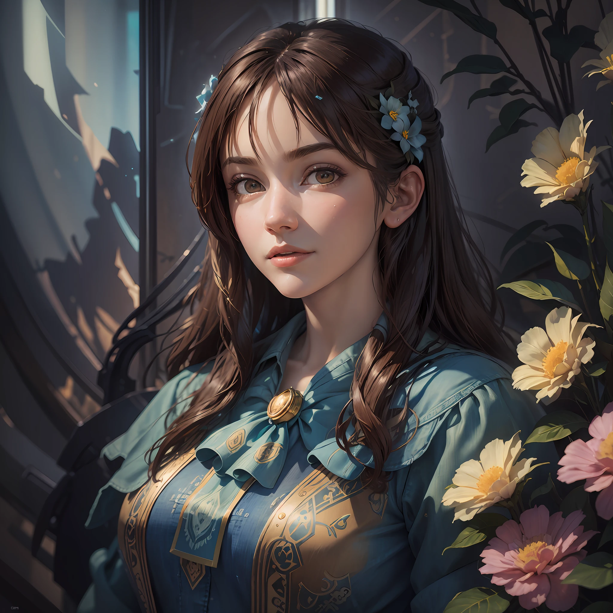 Surrealist female portraits by David Hockney and Alphonse Mucha, fantasy art, photorealism, dynamic lighting, artstation, poster, volumetric lighting, very detailed faces, 4k, award-winning, 1girl, sunny, in the middle of flowers, low-key, denim photos, (formal wear: 1.4), long brown hair, --auto --s2