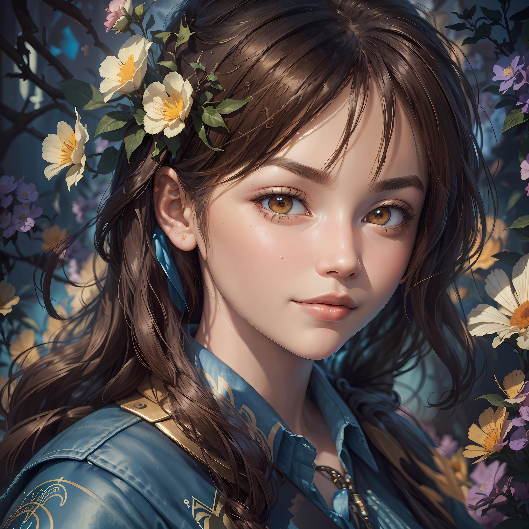 Surrealist female portraits by David Hockney and Alphonse Mucha, fantasy art, photorealism, dynamic lighting, artstation, poster, volumetric lighting, very detailed faces, 4k, award-winning, 1girl, sunny, in the middle of flowers, low-key, denim photos, (formal wear: 1.4), long brown hair, --auto --s2