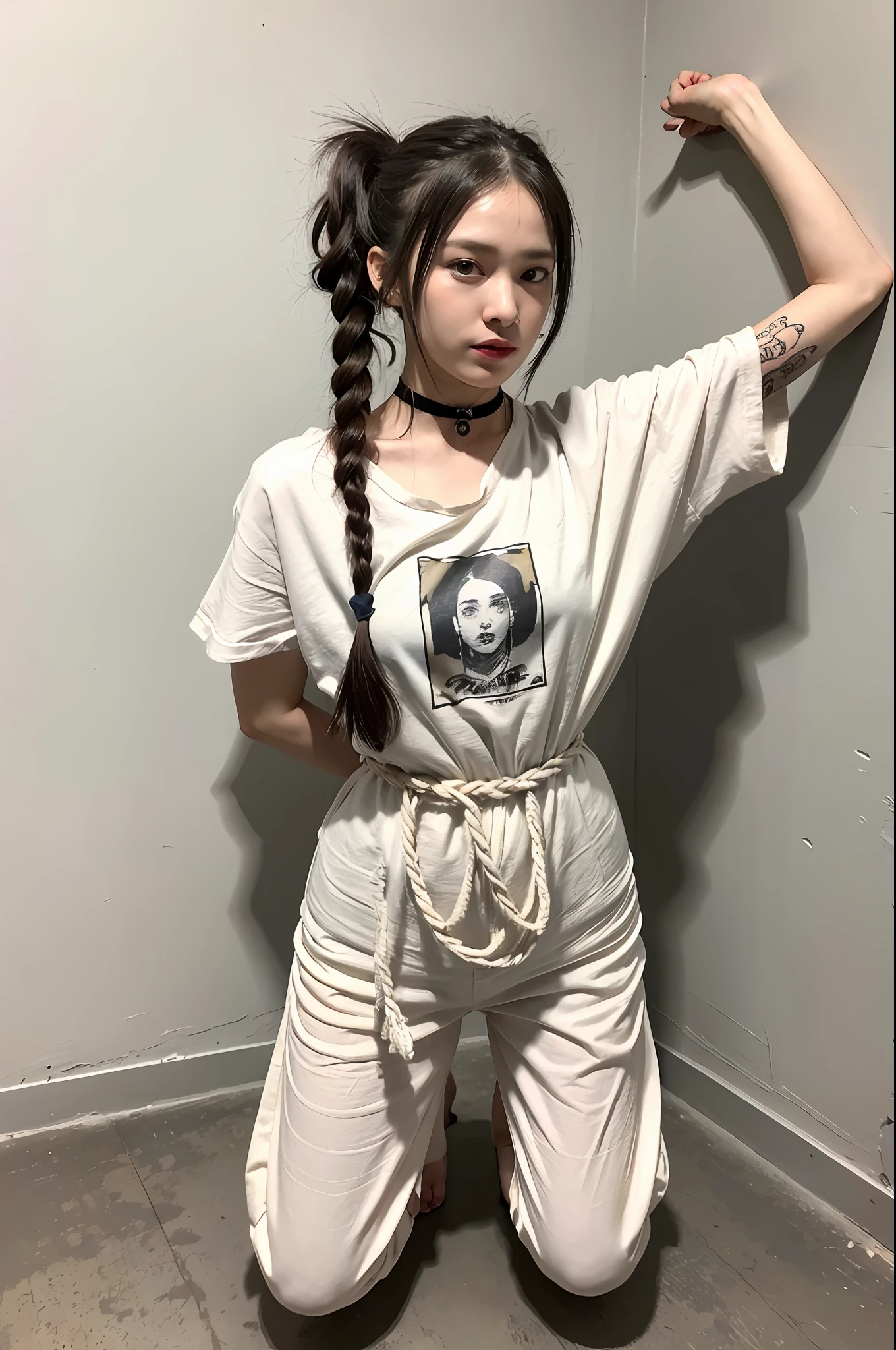 (8k:1.27), best quality, masterpiece, ultra highres:1.2), lesbian delinquent girl with arm tattoos, tattooed girl, full body picture, dirty old white oversized knotted prisoner t-shirt, dirty big t-shirt, short big sleeves, beige prisoner pants tied with a rope, wearing dirty old goth clothes, dyed bright long red hair with back ponytail, kneeling in a prison cell, handcuffed, hands tied with rope behind body, submissive neck choker and checkered keffiyeh scarf in neck, 4k or 8k picture, looking at the floor down very sad, very sad face, praying, paisley bandana pirate style headscarf, smelly, barefoot, rope hanging from ceiling, tattooed body
