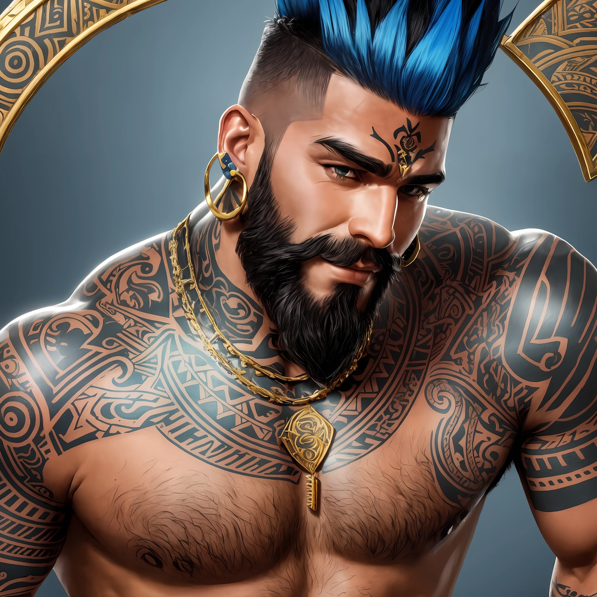 A 30-year-old man with a blue mohawk with Maori tattoos on both arms, he wears a large glaive, gold tank top with gold teeth and a large black beard and hoop earring. --auto --s2