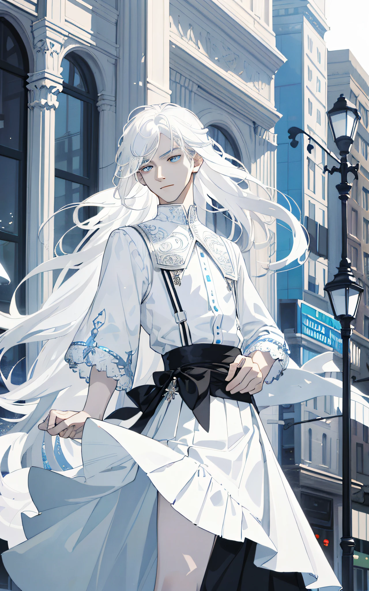 Masterpiece, best quality, 1 male, teenager, delicate eyes, intricate details, (white hair, long hair, no bangs, delicate skirt, white skin), white, blue, black, modern, mall, city