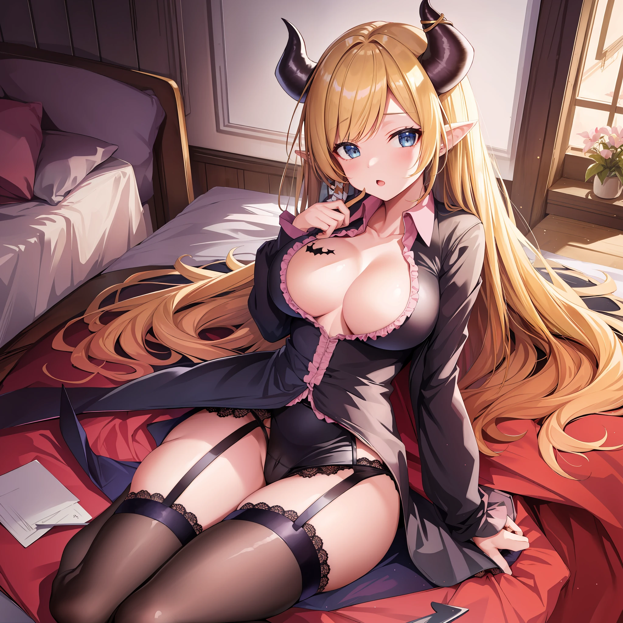 ((Masterpiece)), (Best Quality),1girl, yuzuki choco, blonde hair, long hair, pointy ears, blue eyes, garter straps, cleavage, breast tattoo, pink shirt, demon horns, lace-trimmed legwear, demon wings, black thighhighs, demon tail, black skirt, pencil skirt, frilled shirt, white labcoat, (NSFW: 1.5), Full Body, Solo