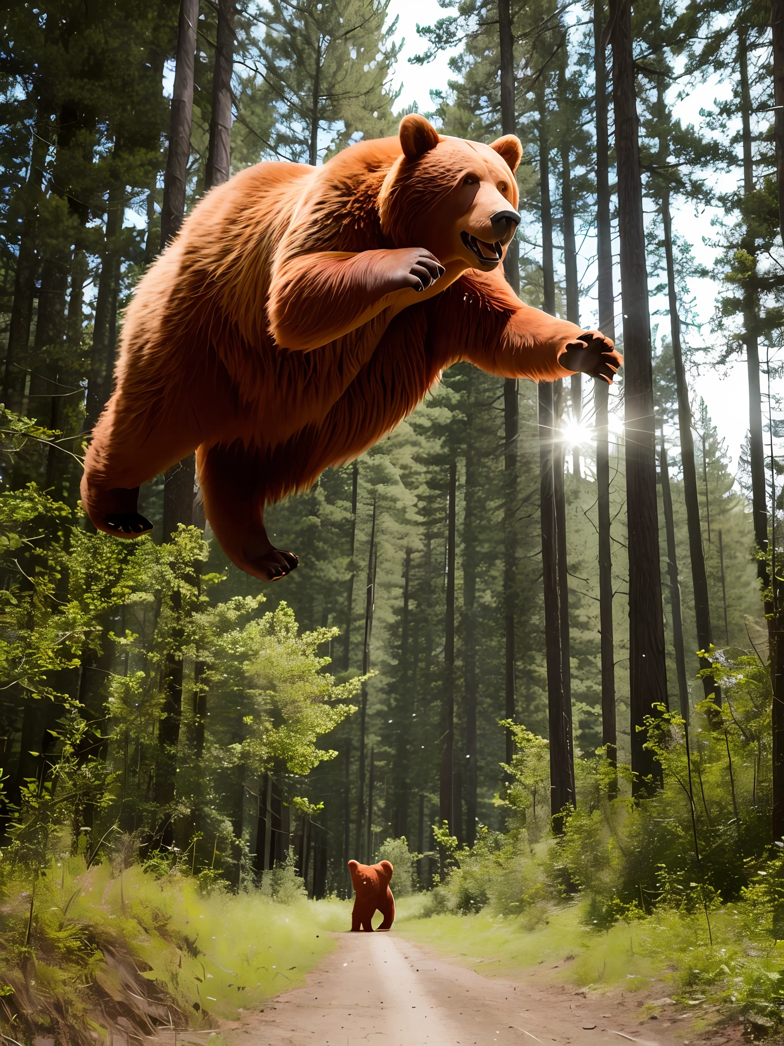 Red bear jumping in the forest