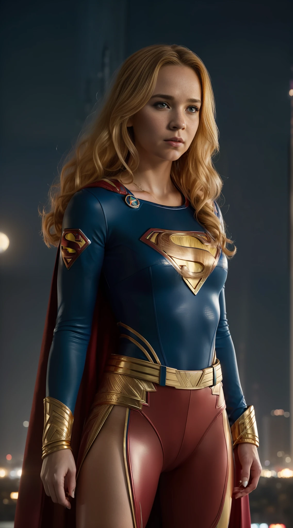 1girl, (((solo))), actress Juno Temple wearing DC Comics' Superman uniform ((((complex, absurd details))). The uniform was predominantly blue, with the Superman symbol on its chest, gold belt, red boots. Curly long blonde hair. Detail green eyes. Highly detailed face, slightly pink cheeks, mascara in the eyes, red lipstick in the mouth, proud facial expression. Full-length portrait showing an imposing posture, towards the viewer. Head proportional to the body. In the background a city with tall buildings and a starry night sky (((beautiful details))). Hyper realistic, highly detailed, cinematic, movie poster. 8K