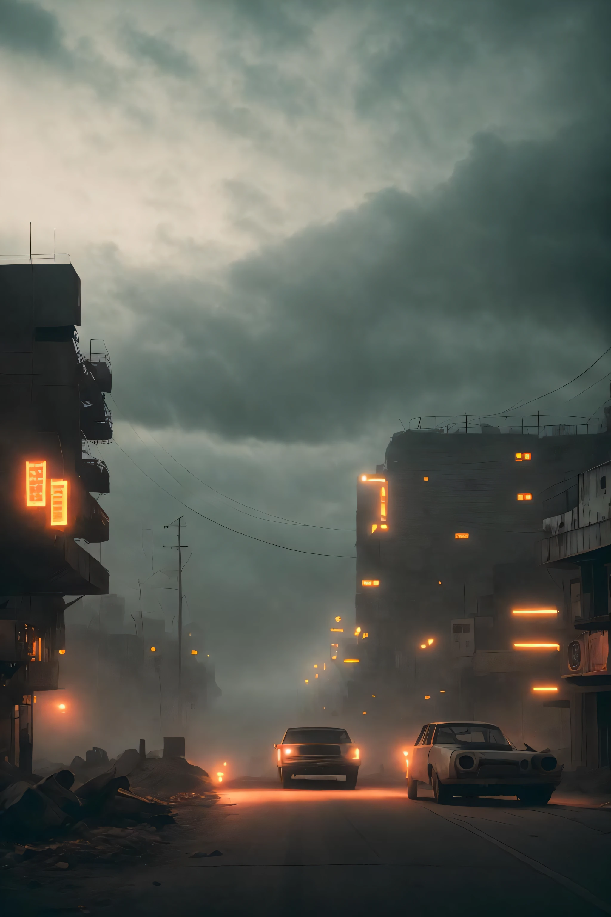 Cinematic film still, retrofuture serbian architecture, desert irradiated postapocalyptic, foggy, (city streets view from balcony:1.2), unreal engine, raytracing, (dust particles:1.1), vertigo, red and orange haze, sandstorm, storm clouds cloudy, the last of us, mad max, resident evil, RAW photo, hyper real photo, 8k uhd, dslr, natural lighting, high quality, film grain, Fujifilm XT3, hyper-realistic, colorgraded, volumetric lighting, volumetric fog,