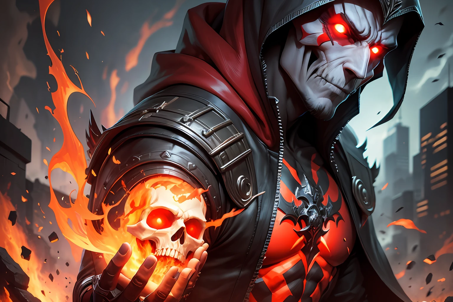 A villain man, intricate details, strong body, skull head, red eyes, wearing hood, colors, realistic, burning background, FHD --auto --s2