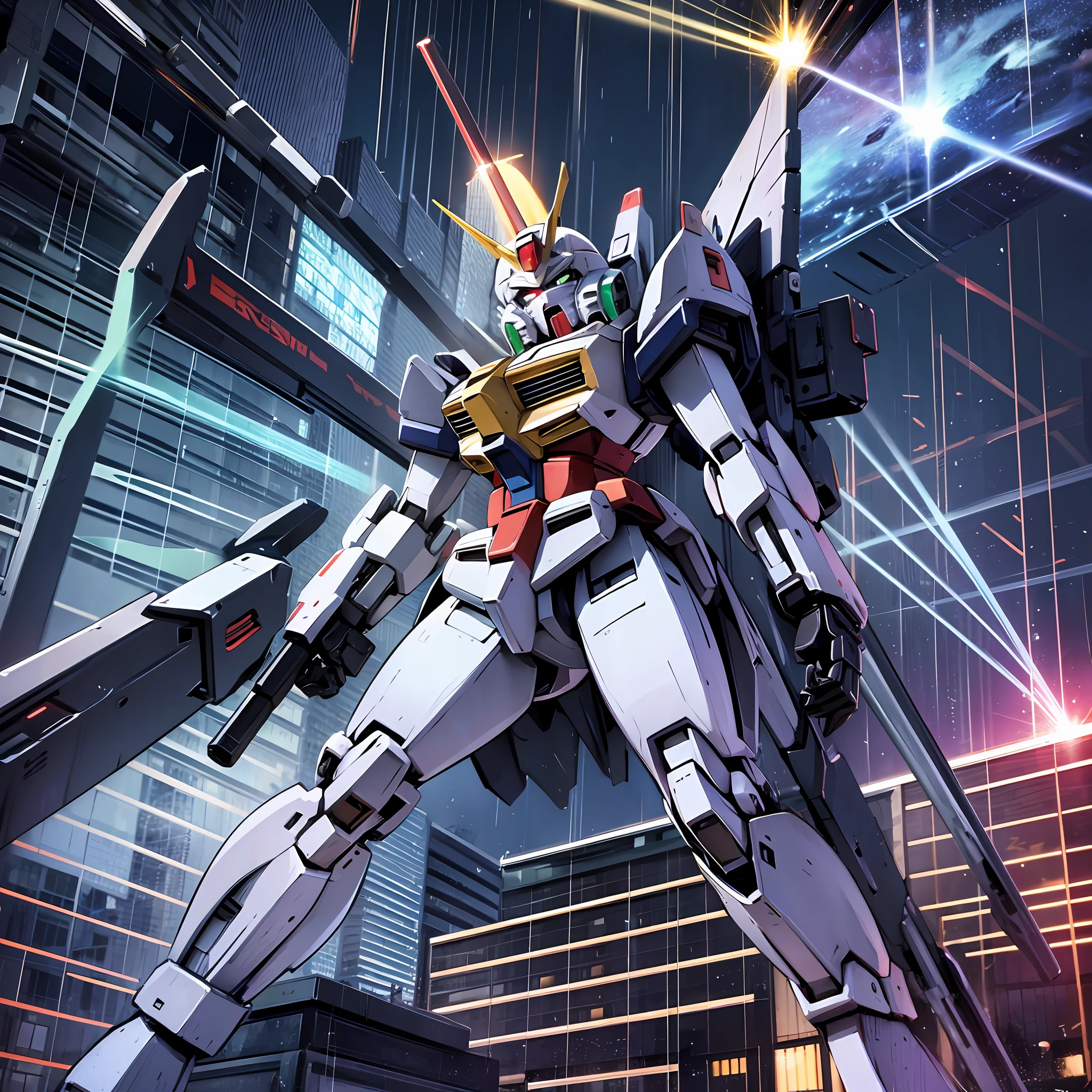 High definition, high depiction, Gundam, rainy day, city night, laser --auto --s2