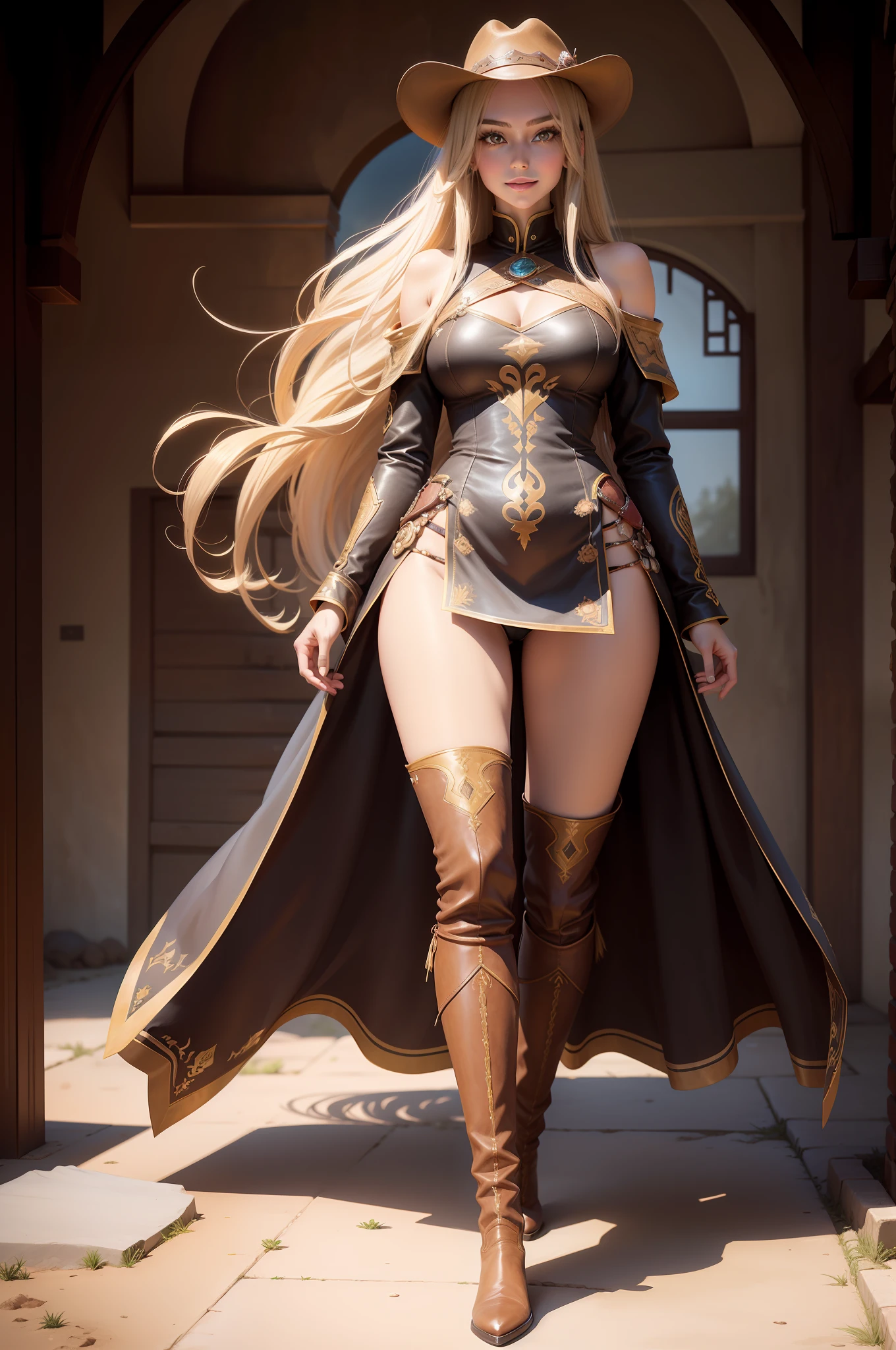 saika1, pointed embroidered cowboy leather boots, full body, masterpiece, best quality, realistic, realistic, super detailed, photo, realistic, best quality, 1 girl, woman, long hair, smile, melon face, perfect body ratio, tall figure, long legs, golden ratio body, beautiful appearance, beautiful big eyes, 9 head body, eye shadow.