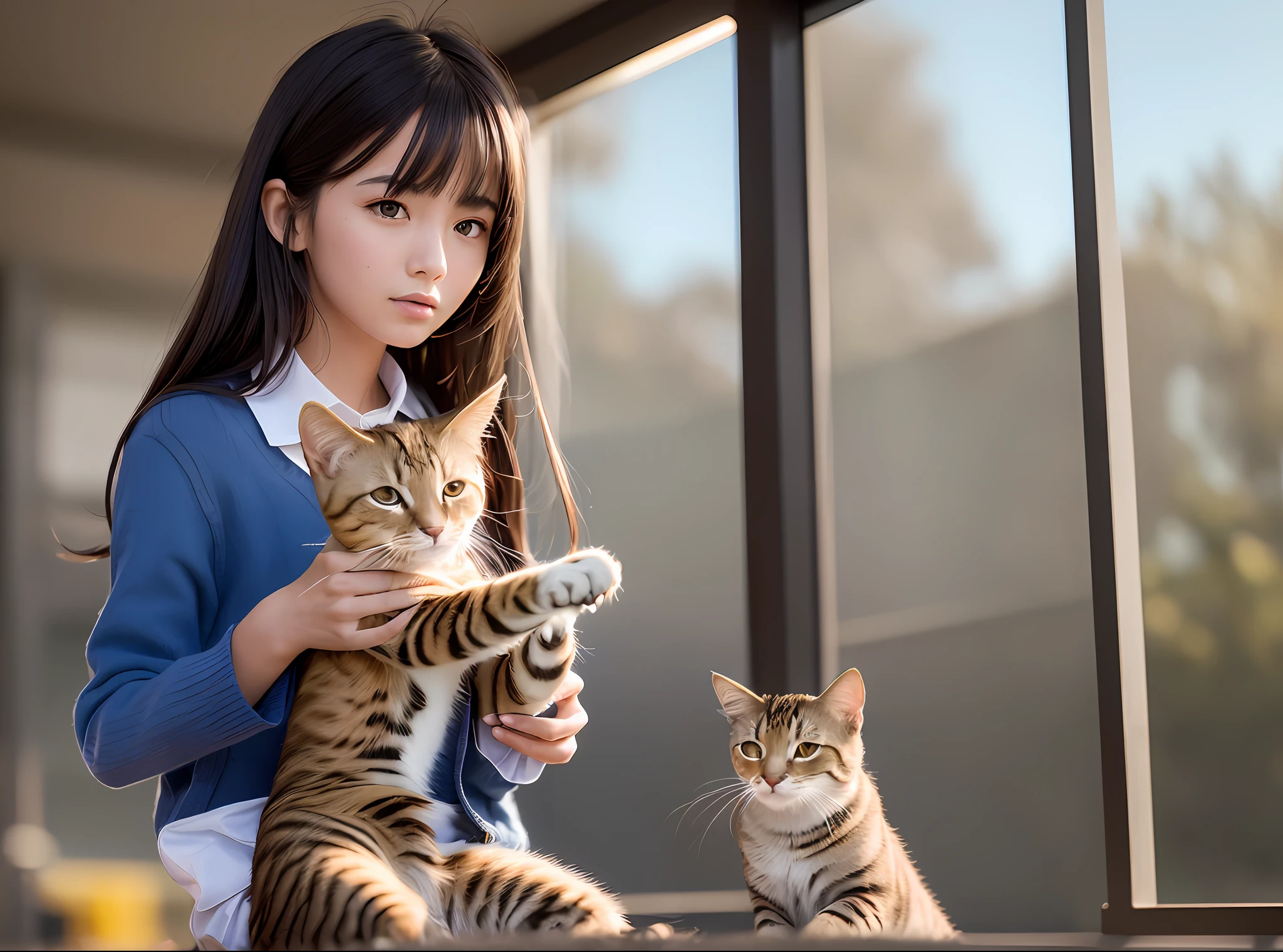 ((Masterpiece, Best Quality, Ultra Detail, Ultra High Resolution, Detailed Background, High Quality, Hyper-Realism)), A Girl Feeding a Cute Cat, Backlight, School Uniform, School, Sports Field, Summer, Sunset, Vista, Full Body, Realism, Sparkle, Cinematic Lighting, God Rays, Character Chart, Social Media Composition, Perspective, lens flare, bokeh, Eye-Level Shot, 8k, highres, best quality, textured skin, UHD, ccurate, high details