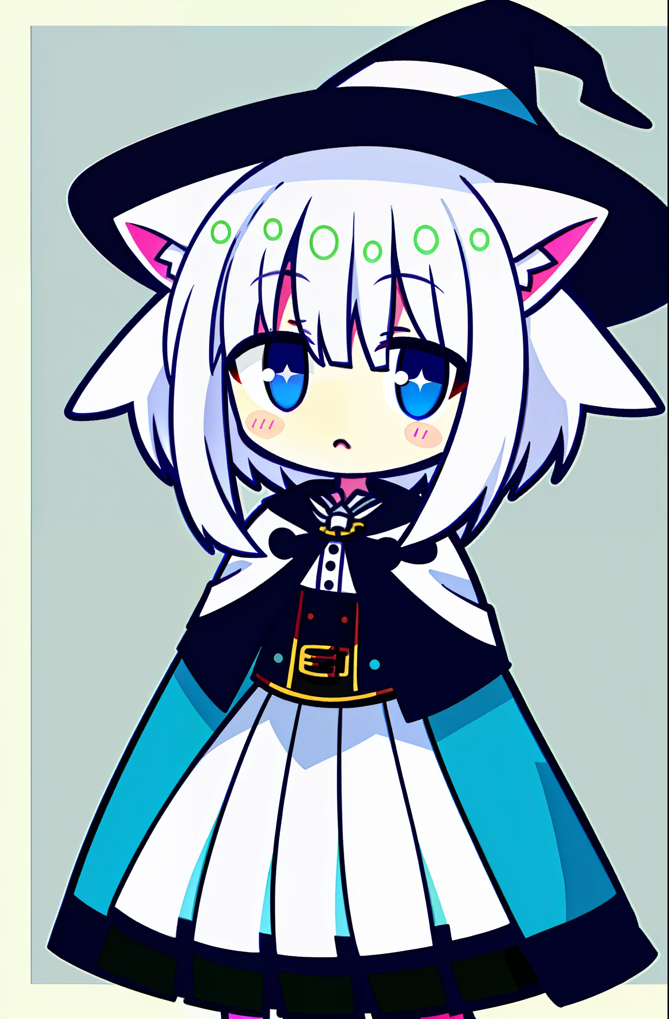 /girl, (white hair 1.5), flat chest, white cat ears, witch cape, blue pupils
