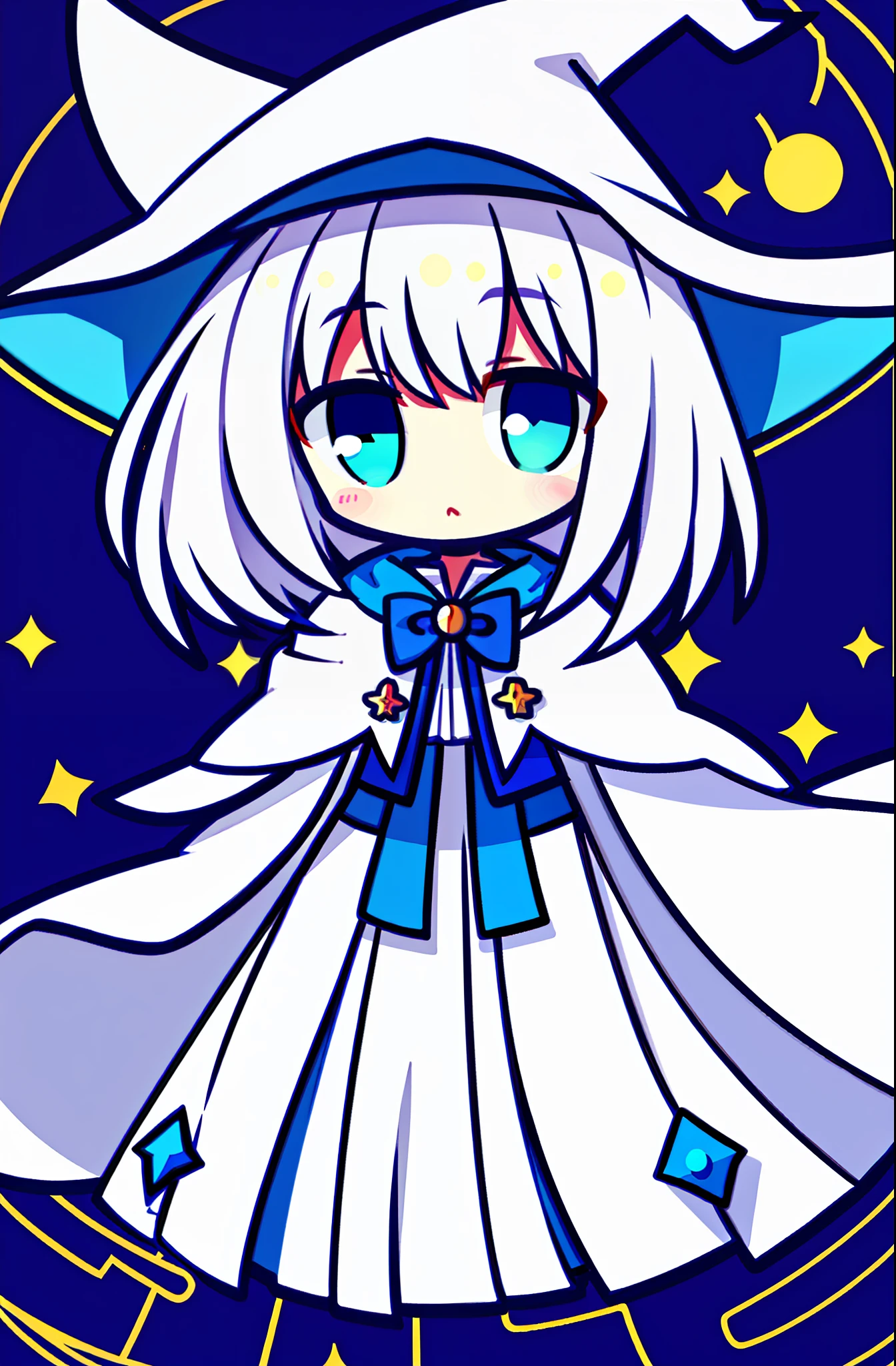 /girl, (white hair 1.5), flat chest, white cat ears, witch cape, blue pupils