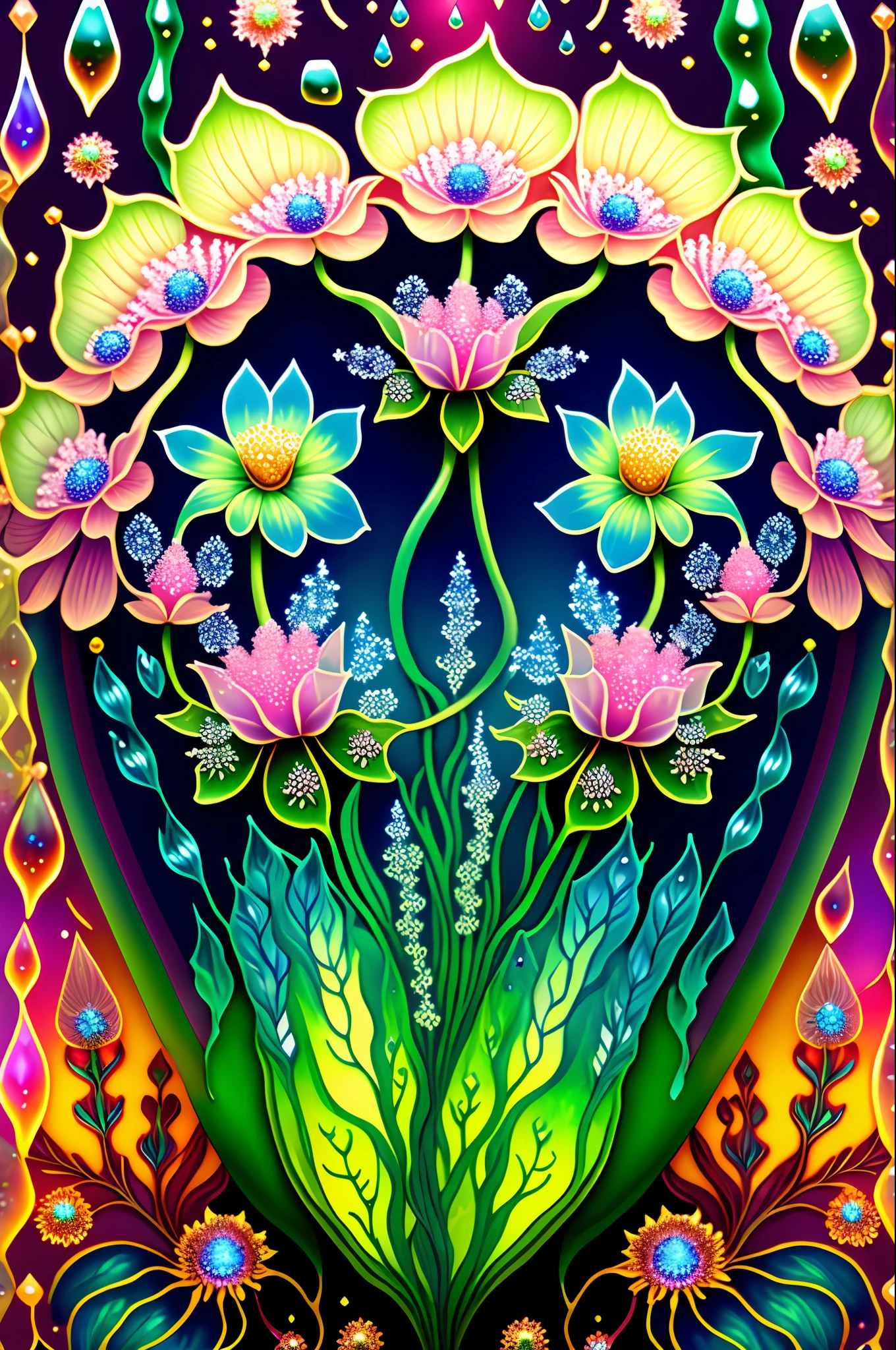 Rosen maiden, (masterpiece, best quality), (illustration),strange mycosis lush forest, transparent goo, caustics, crystals, close-up, intricate details, dark background, sparkling spores, rainbow crystals, dark