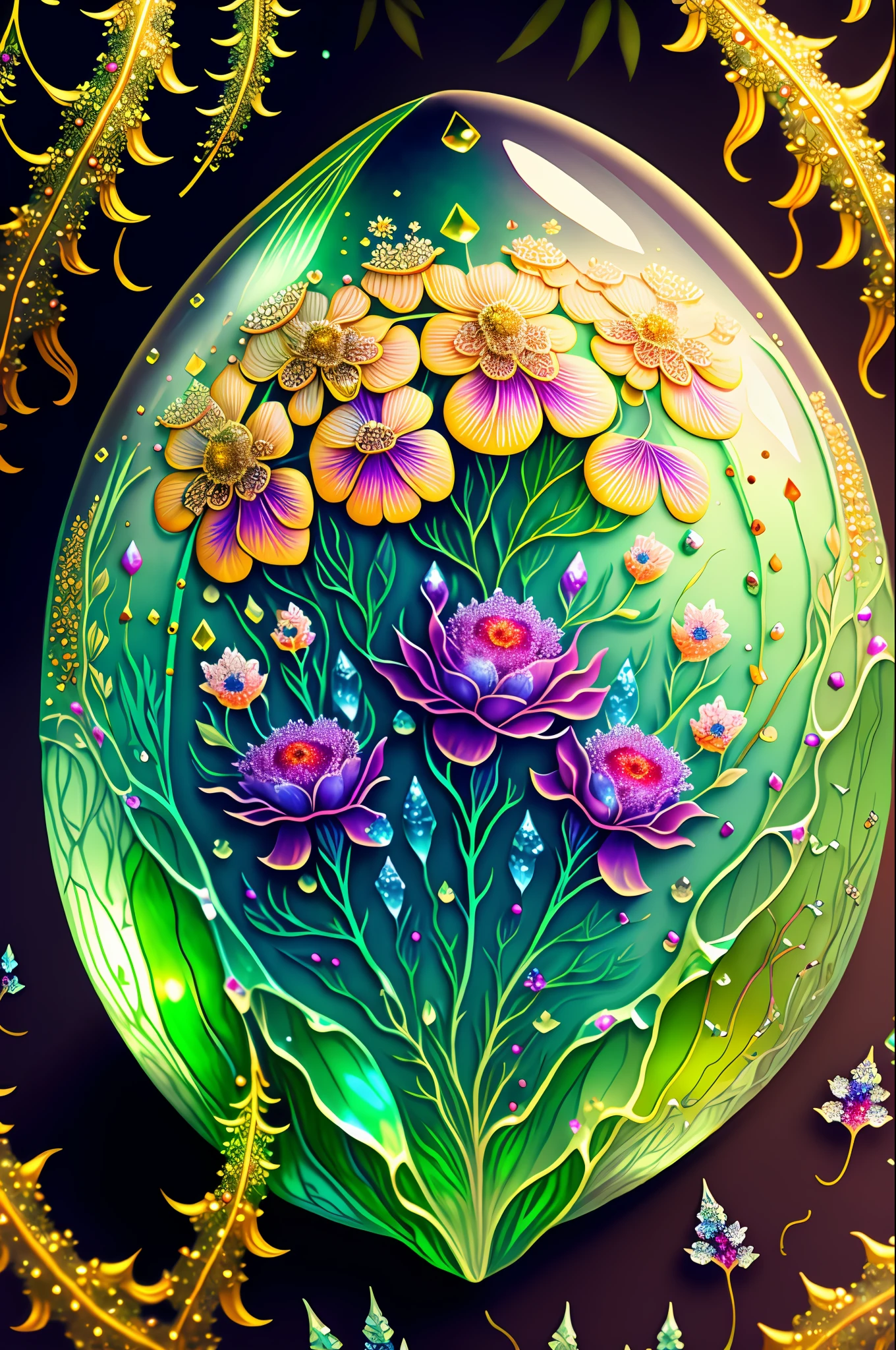Rosen maiden, (masterpiece, best quality), (illustration),strange mycosis lush forest, transparent goo, caustics, crystals, close-up, intricate details, dark background, sparkling spores, rainbow crystals, dark