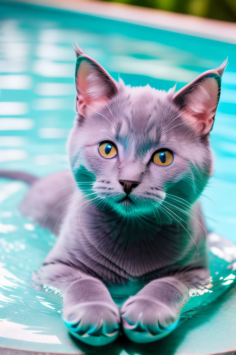 Cute Russian Blue cat kitten,swimming in the pool,body is wet,narrow eyes,smile,eos r3 28mm