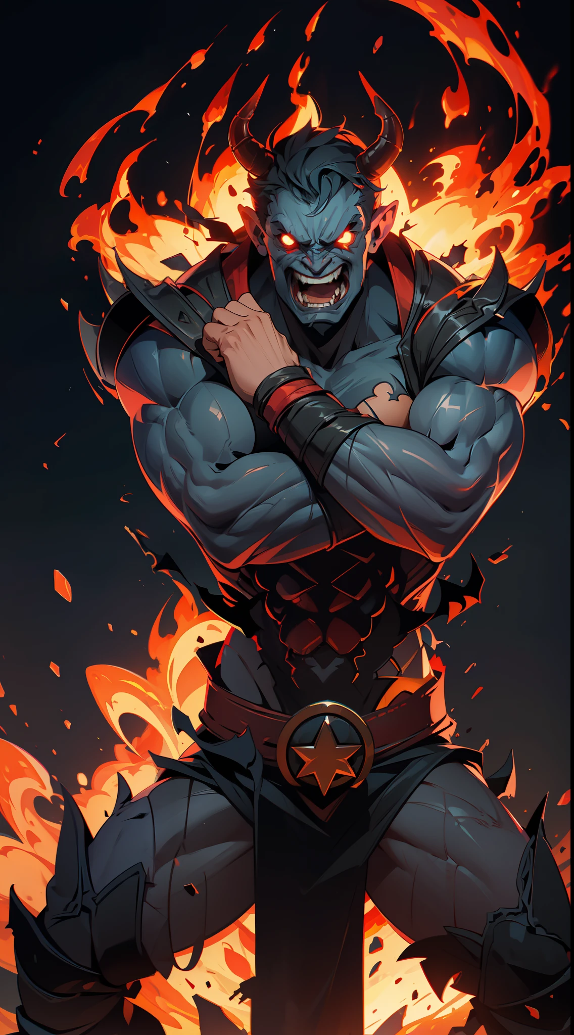 a very evil demon, powerful, extremely strong body, very muscular, (((in the background hell, gushing fire))).