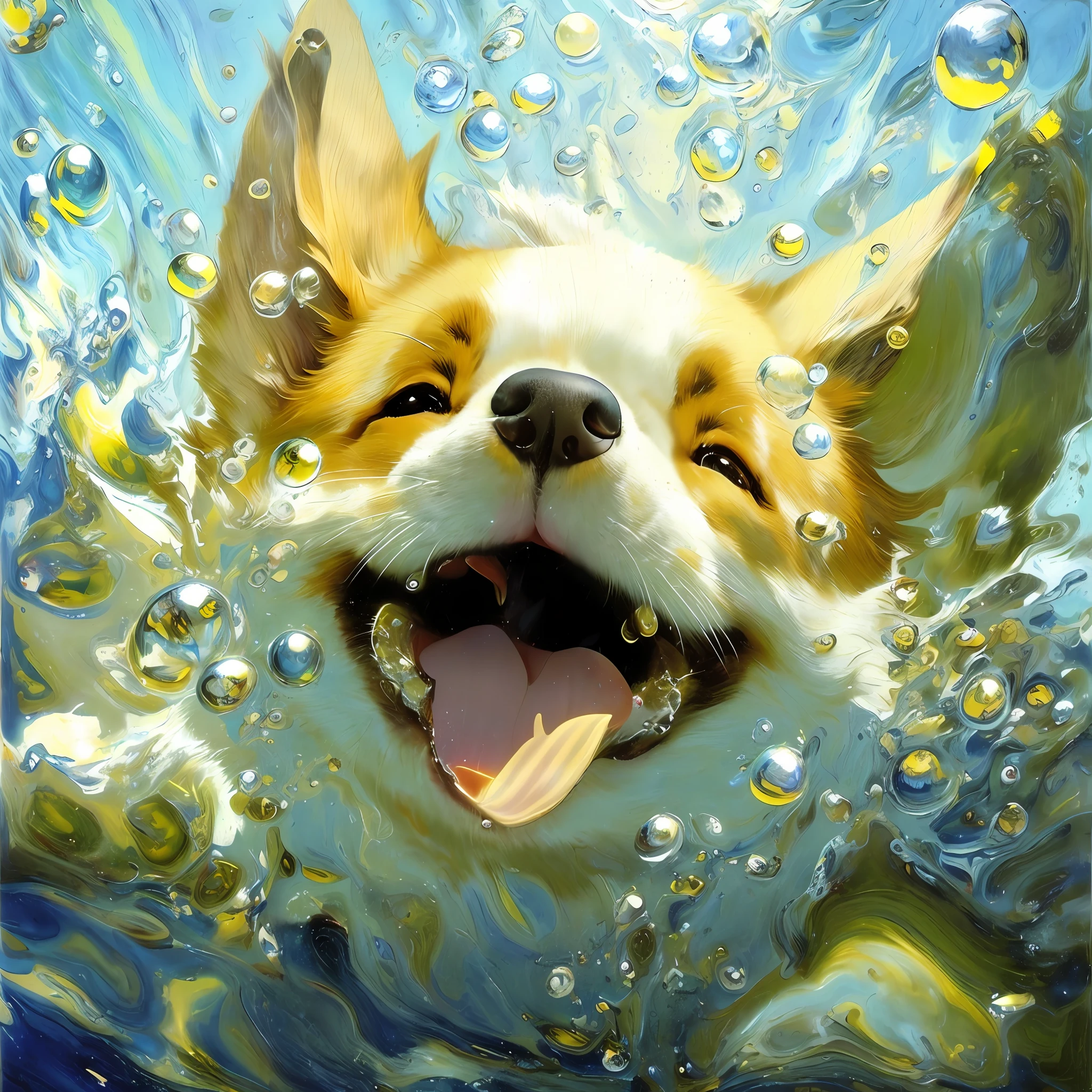 A corgi swimming underwater, eyebrows, smile, fantasy in Katsuhiro Otomo style, rendering style in realistic hyper-detail, glow, yellow blue, ultra-realistic oil painting, head close-up, exaggerated perspective, Tyndall effect water drops, pearlescent mother, holographic white, realistic ---s400