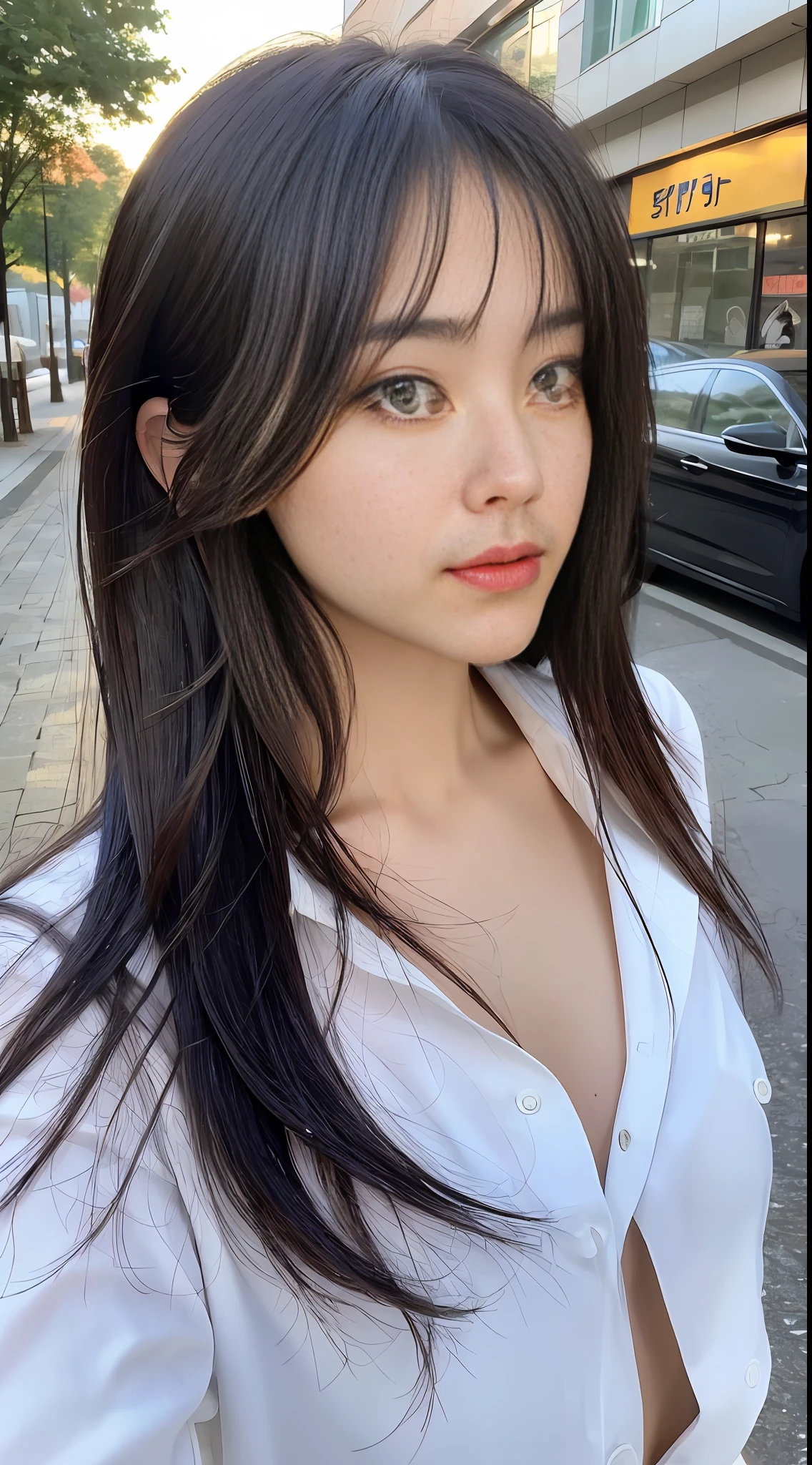 ((Best Quality, 8K, Masterpiece: 1.3)), Sharp: 1.2, Perfect Body Beauty: 1.4, Slim Abs: 1.2, ((Layered Hairstyle, Big Breasts: 1.2)), (Wet White Button Long Shirt: 1.1), (Rain, Street: 1.2), Wet: 1.5, Highly detailed face and skin texture, detailed eyes, double eyelids, side face looking at the camera