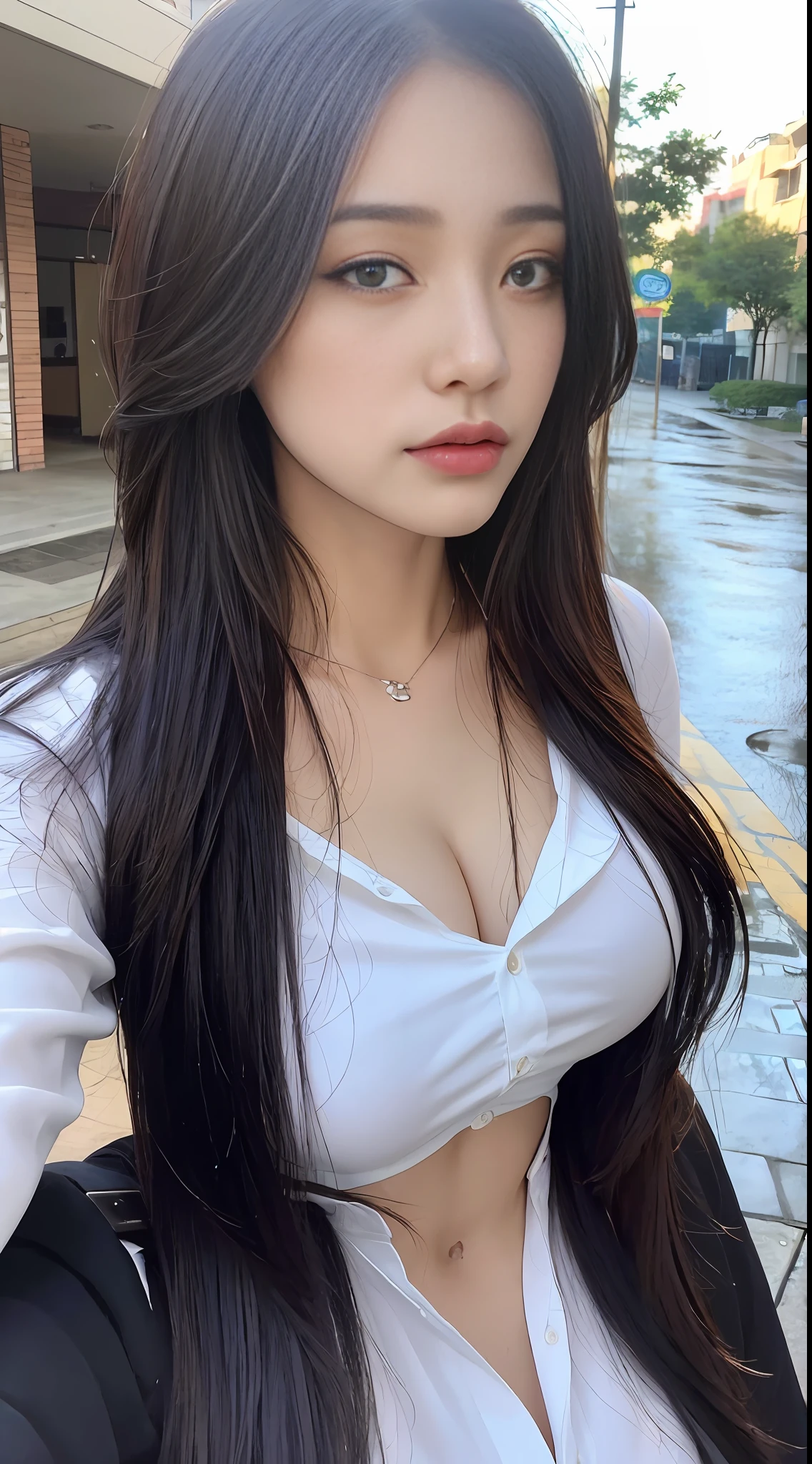 ((Best Quality, 8K, Masterpiece: 1.3)), Sharp: 1.2, Perfect Body Beauty: 1.4, Slim Abs: 1.2, ((Layered Hairstyle, Big Breasts: 1.2)), (Wet White Button Long Shirt: 1.1), (Rain, Street: 1.2), Wet: 1.5, Highly detailed face and skin texture, detailed eyes, double eyelids, side face looking at the camera