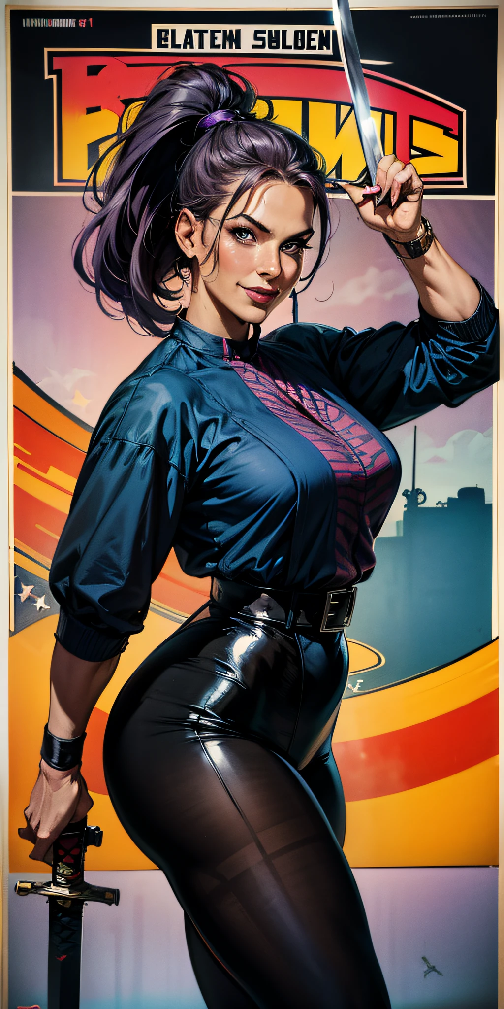 A purple haired woman with braided ponytail in superhero pose, American World War II poster, Gil Elvgren style, WLOP, Artgerm ((Poster style)) ((black superhero outfit)) (demons in the background of the image) ((woman holding a Katana sword pointed at the viewer)) hero uniform, 1 girl, solo, fitness body, poster design,  poster art style. 1980s, 1950s, 1960s, 1940s, basic color scheme, very colorful poster, colorful art, third rule, dynamic pose, woman, 1 25-year-old girl, smiling at the viewer, blurred background, thick legs, blue eyes.