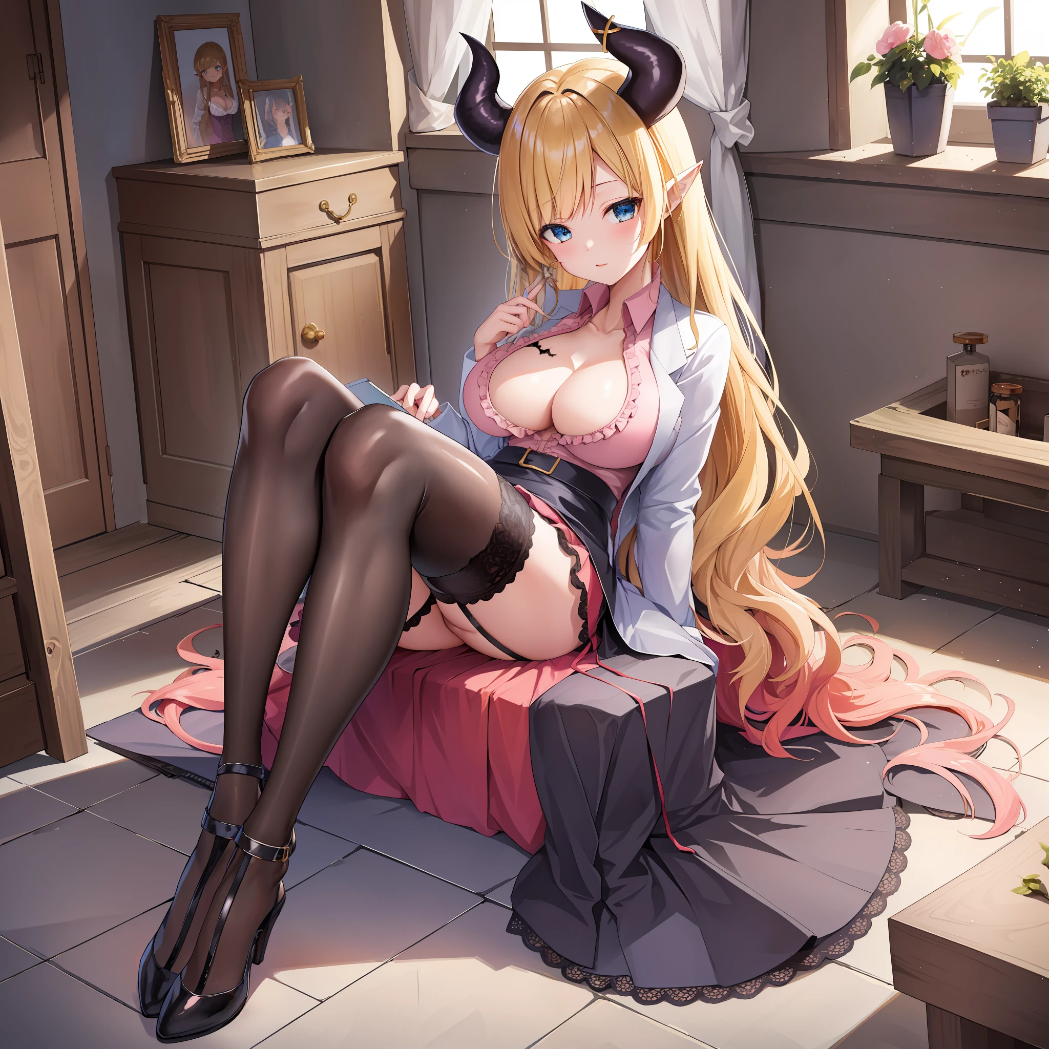 ((Masterpiece)), (Best Quality),1girl, yuzuki choco, blonde hair, long hair, pointy ears, blue eyes, garter straps, cleavage, breast tattoo, pink shirt, demon horns, lace-trimmed legwear, demon wings, black thighhighs, demon tail, black skirt, pencil skirt, frilled shirt, white labcoat, (NSFW: 1.5), Full Body, Solo