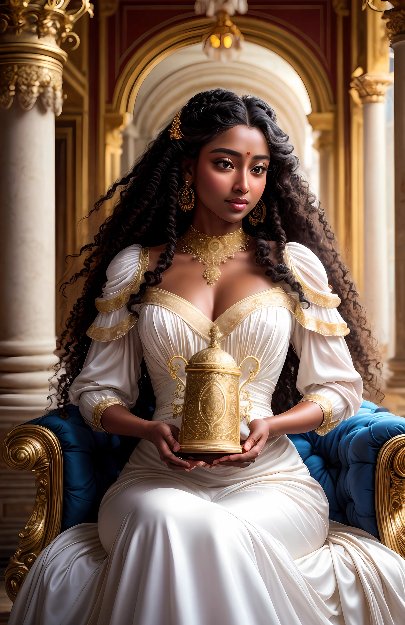 masterpiece, highest quality, solo focus, (perfect face:1.1) , (high detail:1.1), (romantic, 1.5), (long White hair:1.3) novel cover, delicate, 1 delicate woman, bollywood actress, ((dark skin)), thick lips,Wearing a beautiful white Victorian dress:1.3, gold jewelry:1.3, (((long curly dark blue hair))), Holding an ornate metal box 1.2), (In a beautiful palace, daytime, bright light:1.3), young Woman, longing posture, hyper detailed, digital art, studio quality, smooth render, unreal engine 5 render, octane render, 8K, Girl with southeast asian features, 1800 white dress, Classic Victorian white dress, pompous dress