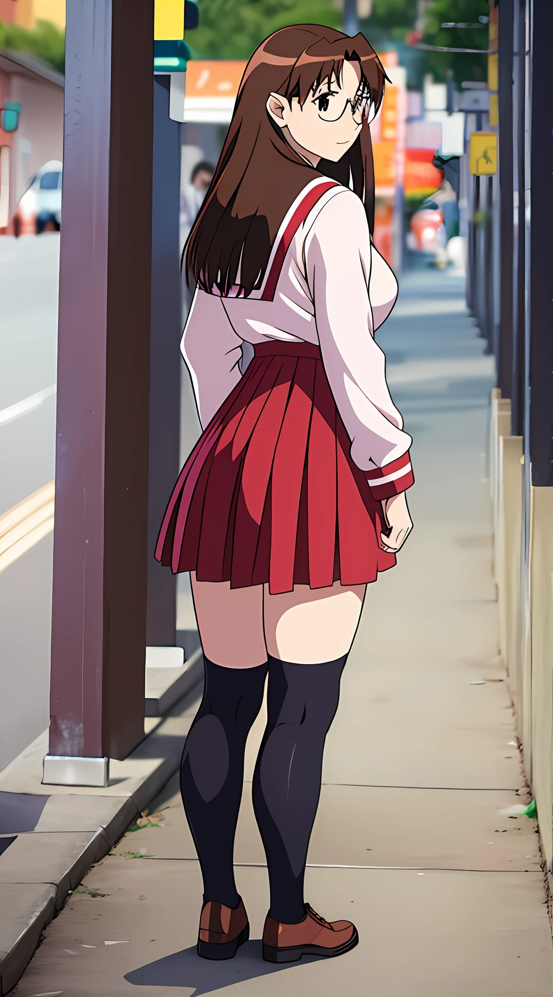 Koyomi Mizuhara, Brunette hair, glasses, big breasts, huge ass, red sailor uniform, brown skirt, black thigh socks, brown shoes, slim figure, view from back