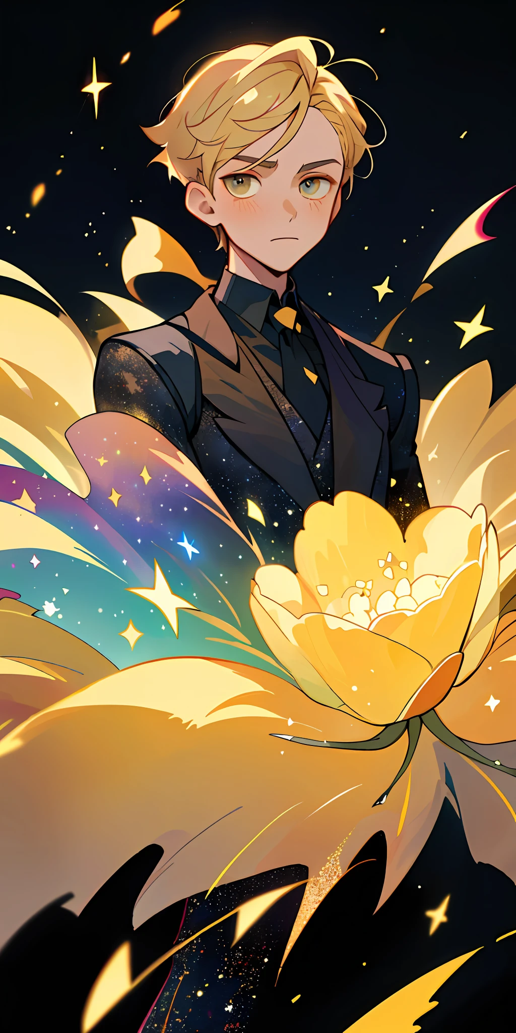 (best quality, masterpiece), 1boy, manly, galaxy, glitter, dress, particle, wind, flower, upper body, simple dark background, looking at viewer, blonde,