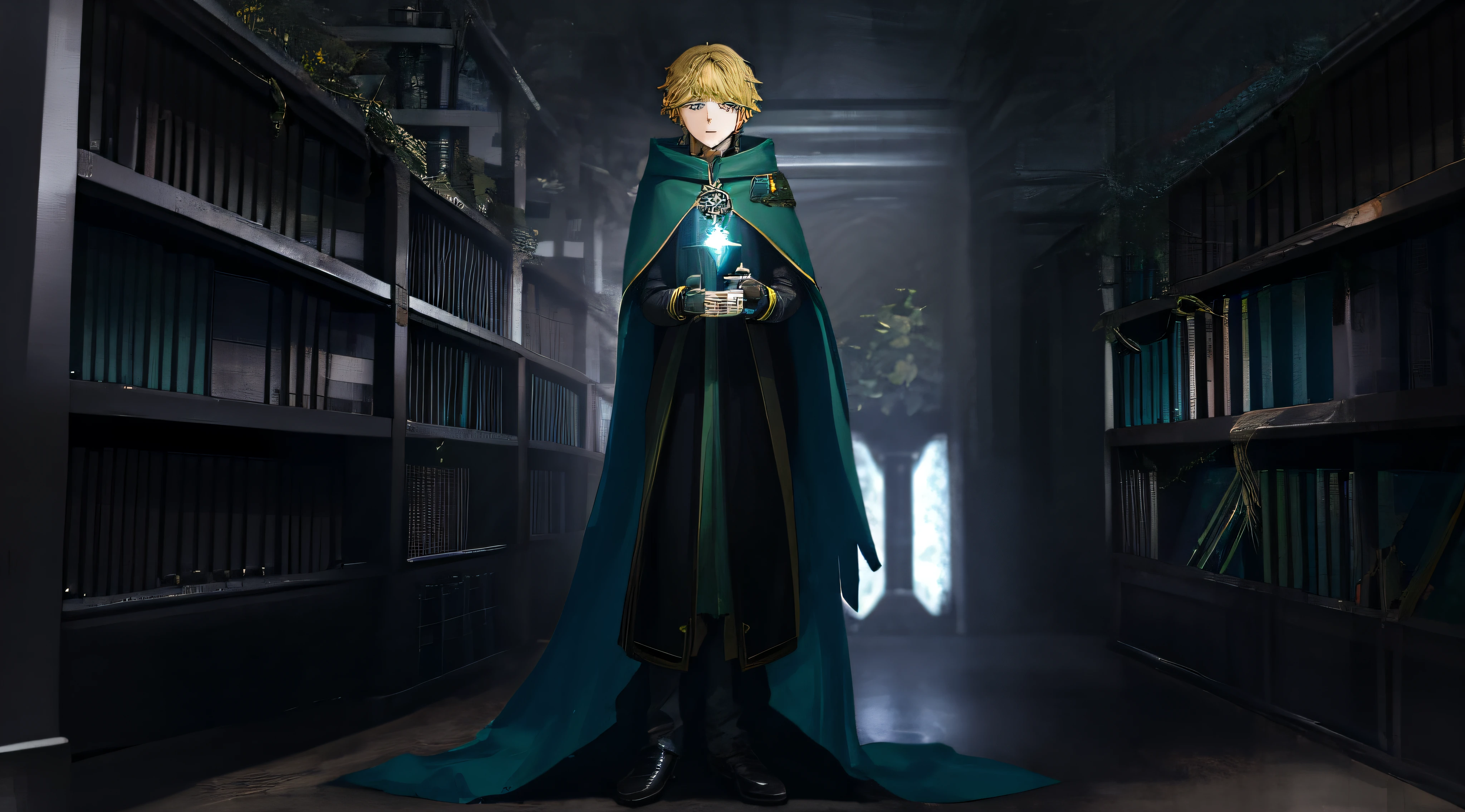 A young wizard, 15 years old, blond-haired, green-eyed, shy, wearing a hooded cape, holding a luminous crystal ball, masculine features, tapered face, Caucasian European style, he is alone in a realistic library