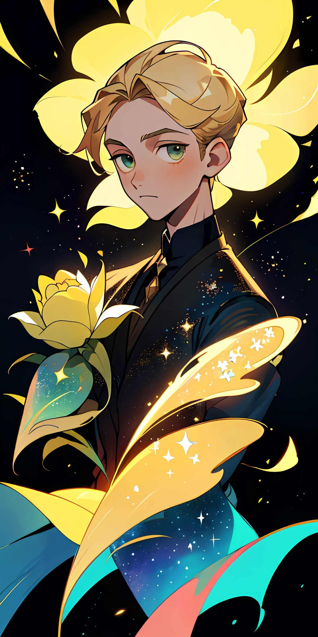 (best quality, masterpiece), 1boy, manly, galaxy, glitter, dress, particle, wind, flower, upper body, simple dark background, looking at viewer, blonde,