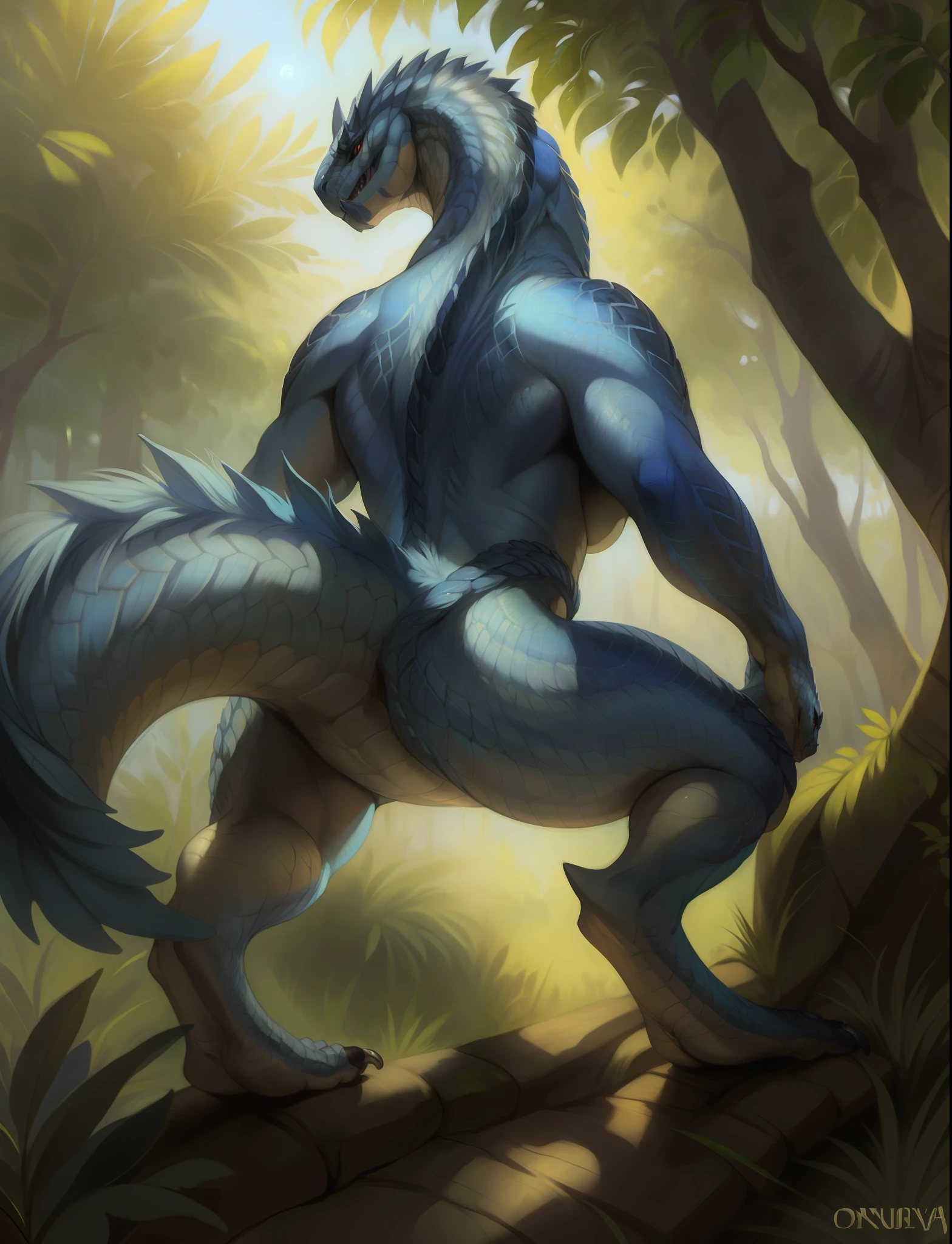 (by Darkgem, by Oouna, by honovy, By TheBigSlick, By phinnherz), tobi-kadachi, female, feral, fanged wyvern, explicit, rear view, quadruped, forest, night claws, fangs, feet, anthro, looking at viewer, standing, muscular, scales, sharp teeth, solo, tail, big tail, blue body