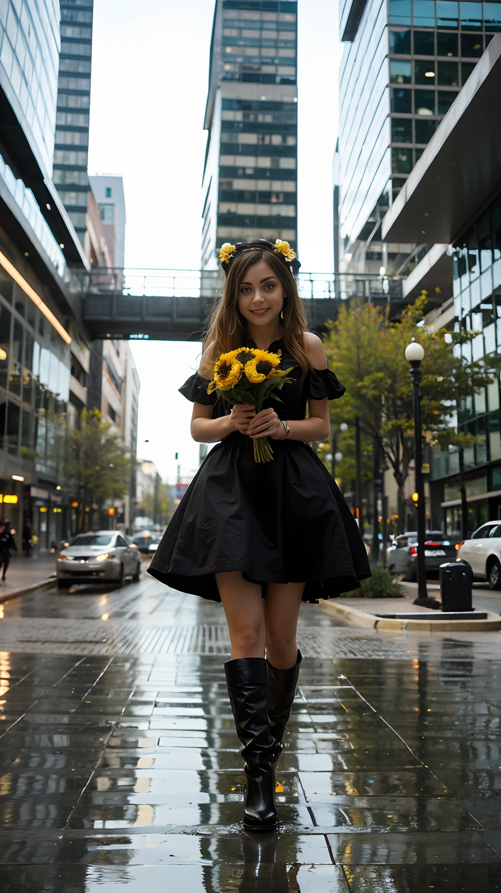 Ana de Armas girl smiling, holding a bouquet of roses, cute, urban landscape, daytime, rainy, wet, professional lighting, photon mapping, a black and white, a yellow dress and boots on a white background, yellow cut dress, lolita dress, classical witch robe, gothic clothing,