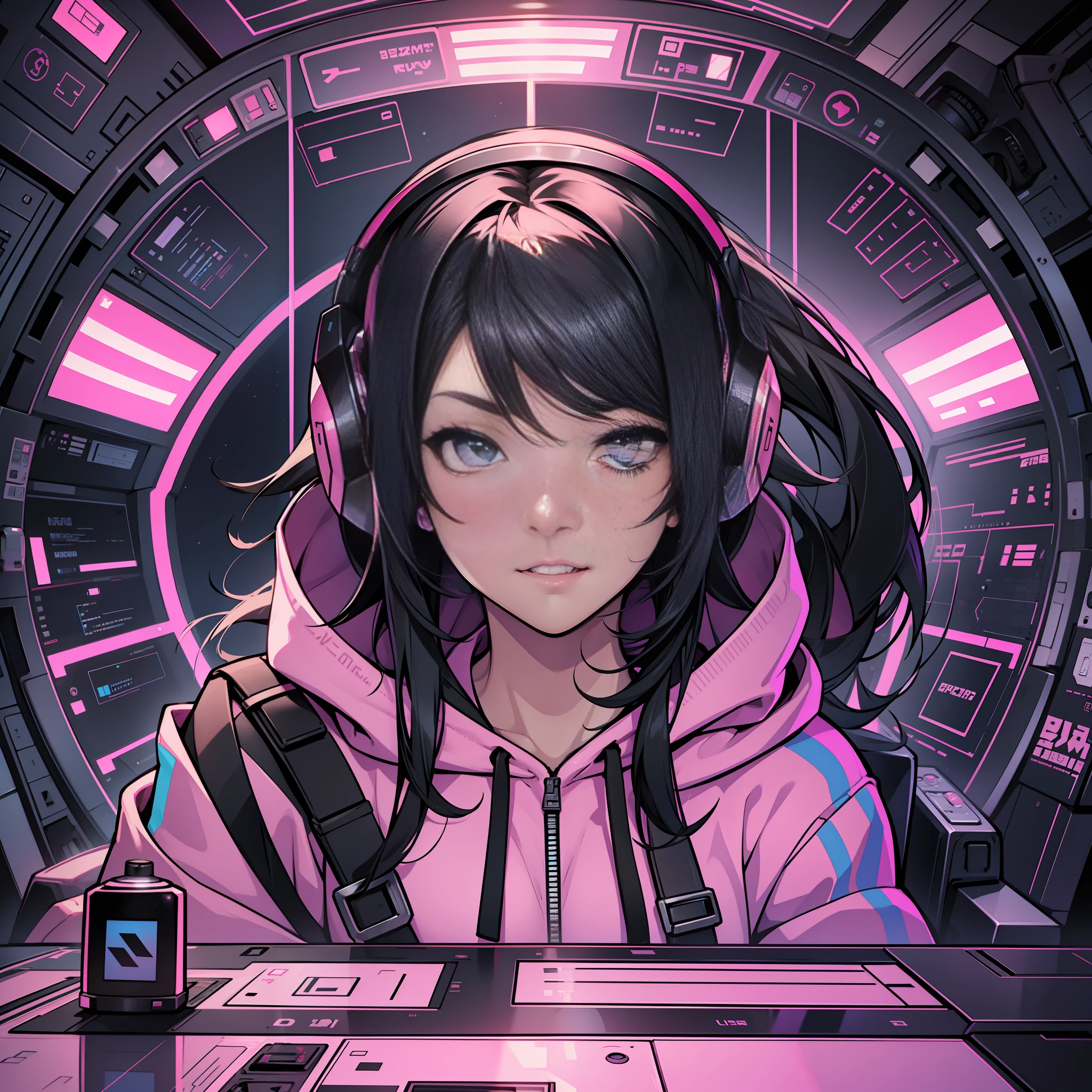 headphones, women, medium hair, striped hair, black hair, beautiful face , ,pink hoodie, momo8bit logo, wallpaper8k cg,front-facing, spaceship cockpit with game controller