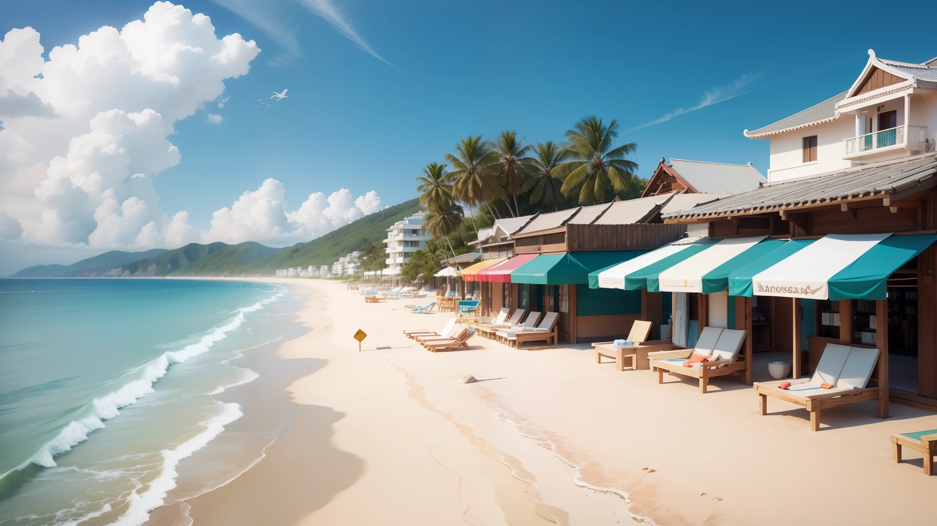 Daytime, beautiful sea, white sandy beach, shops
