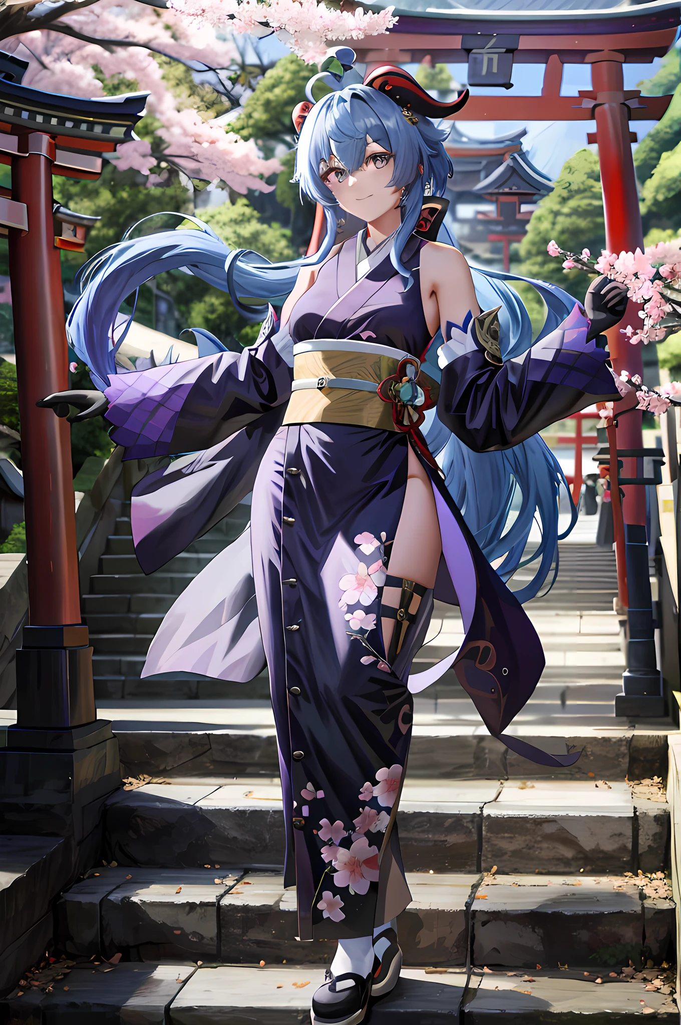 masterpiece, best quality, highres, 1girl, blue hair, long hair, very long hair, ponytail, bangs, hair between eyes, sidelocks, ahoge, goat horns, horns, purple eyes, bell, cowbell, neck bell, dark green kimono, medium breasts, gloves, black gloves, ribbon, leg ribbon, ankle ribbon, white footwear, vision (genshin impact), ganyu \(genshin impact\), outdoors, (east asian architecture, cherry blossoms, torii, multiple torii, stairs), standing, arms on hips, smile, looking at viewer, lexaiduer