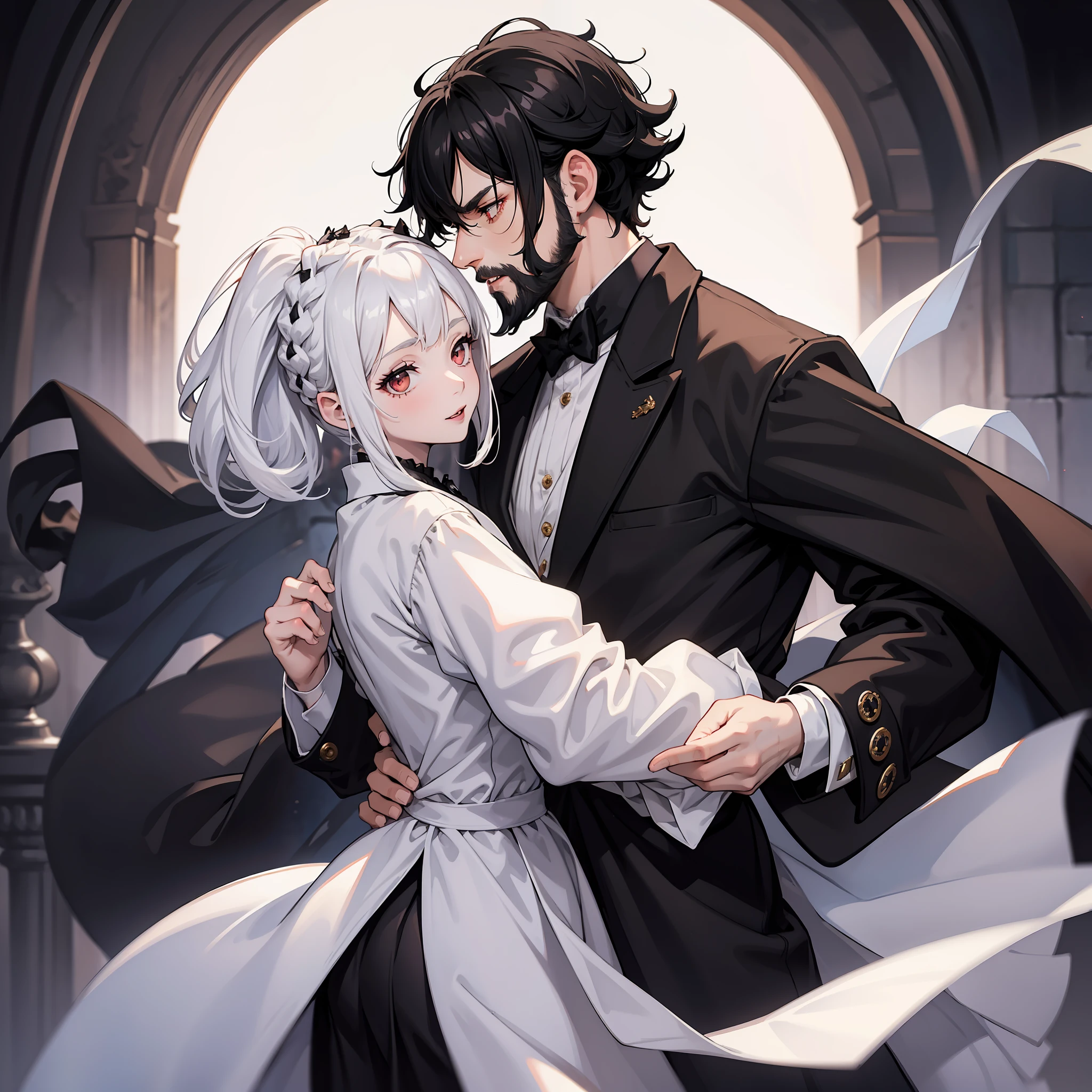 (best quality), detailed background, girl white hair,, horror, vampire, nobility, girl dancing with black hair man, black beard, castle (man short black hair, black hair)