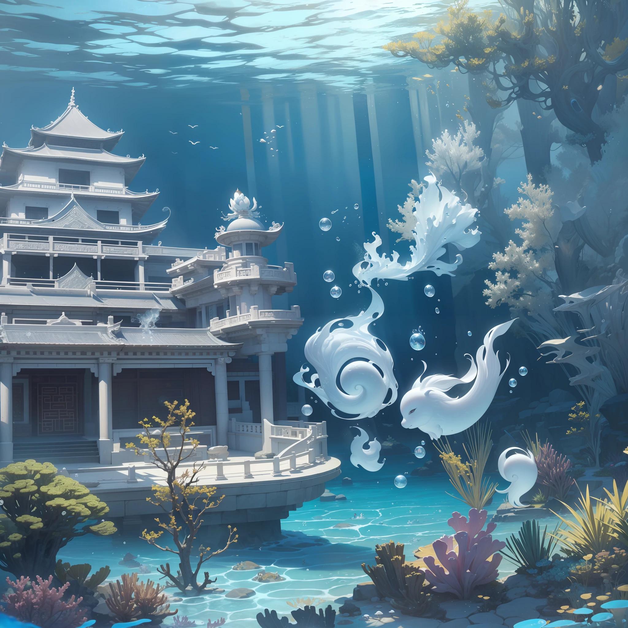 White Jade Palace Under the Sea, White Jade Material, Ancient Chinese Palace, Underwater, Bubbles, Currents, Splashing Splashes, (Illustration: 1.0), Epic Composition, Natural Light, HD Details, Masterpiece, Best Quality, (Very Detailed CG Unity 8k Wallpaper)