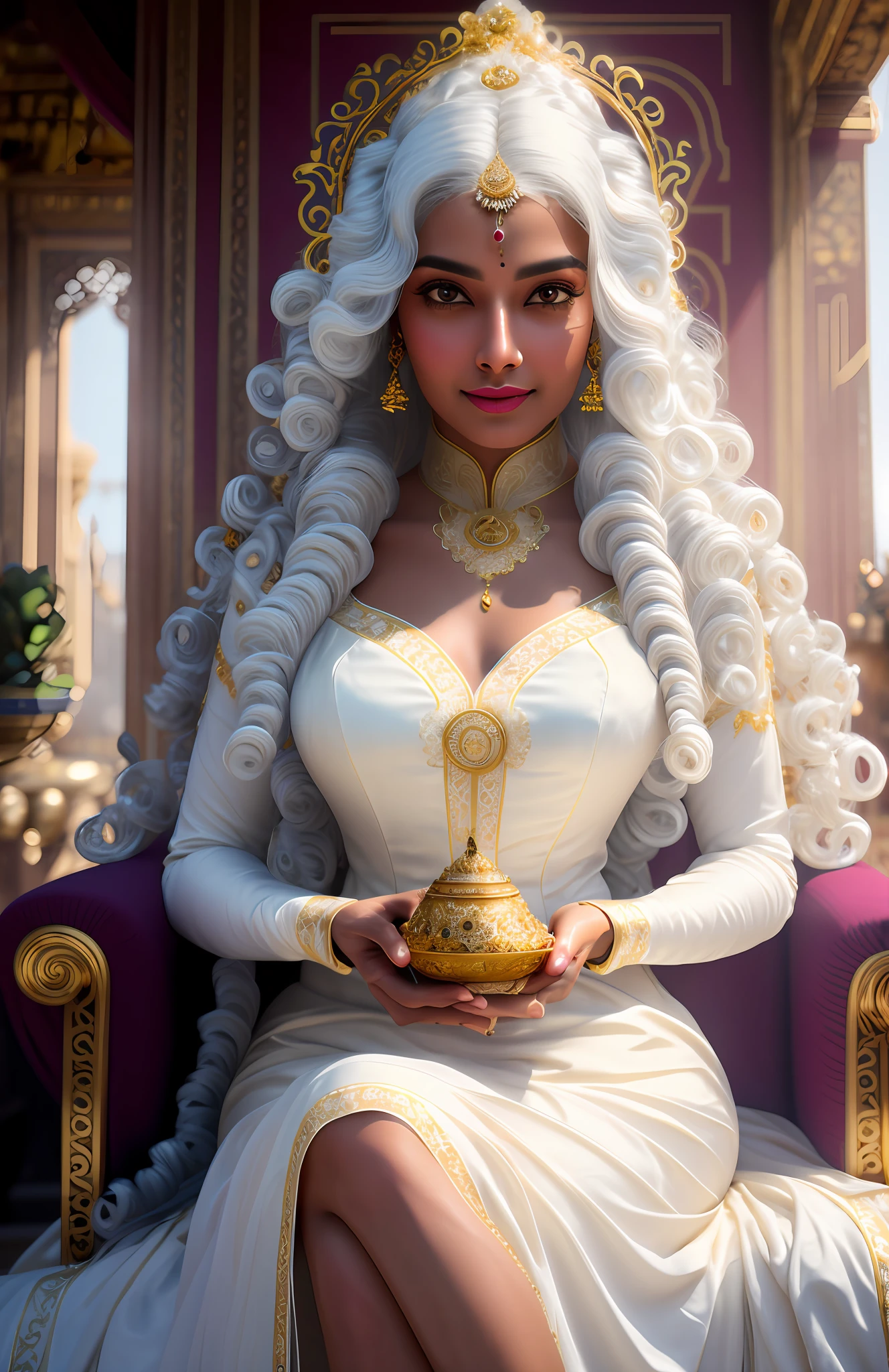 masterpiece, highest quality, solo focus, (perfect face:1.1) , (high detail:1.1), (romantic, 1.5), (long White hair:1.3) novel cover, delicate, 1 delicate woman, bollywood actress, ((dark skin)), thick lips,Wearing a beautiful white Victorian dress:1.3, gold jewelry:1.3, (((long curly dark blue hair))), Holding an ornate metal box 1.2), (In a beautiful palace, daytime, bright light:1.3), young Woman, longing posture, hyper detailed, digital art, studio quality, smooth render, unreal engine 5 render, octane render, 8K, Girl with southeast asian features, 1800 white dress, Classic Victorian white dress, pompous dress