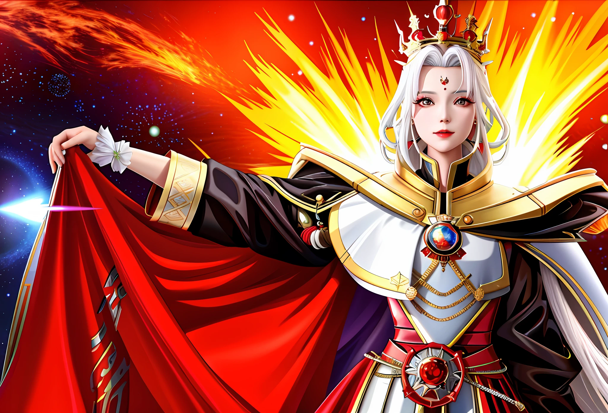 Close-up of a woman in a red cloak, Queen, Tokutsu, Maszinger, High Fantasy, Emperor of the Known Universe, Epic Anime of Energy Man, King, Furio Tedesschi, Great Masterpiece, White Hair, White Gloves
