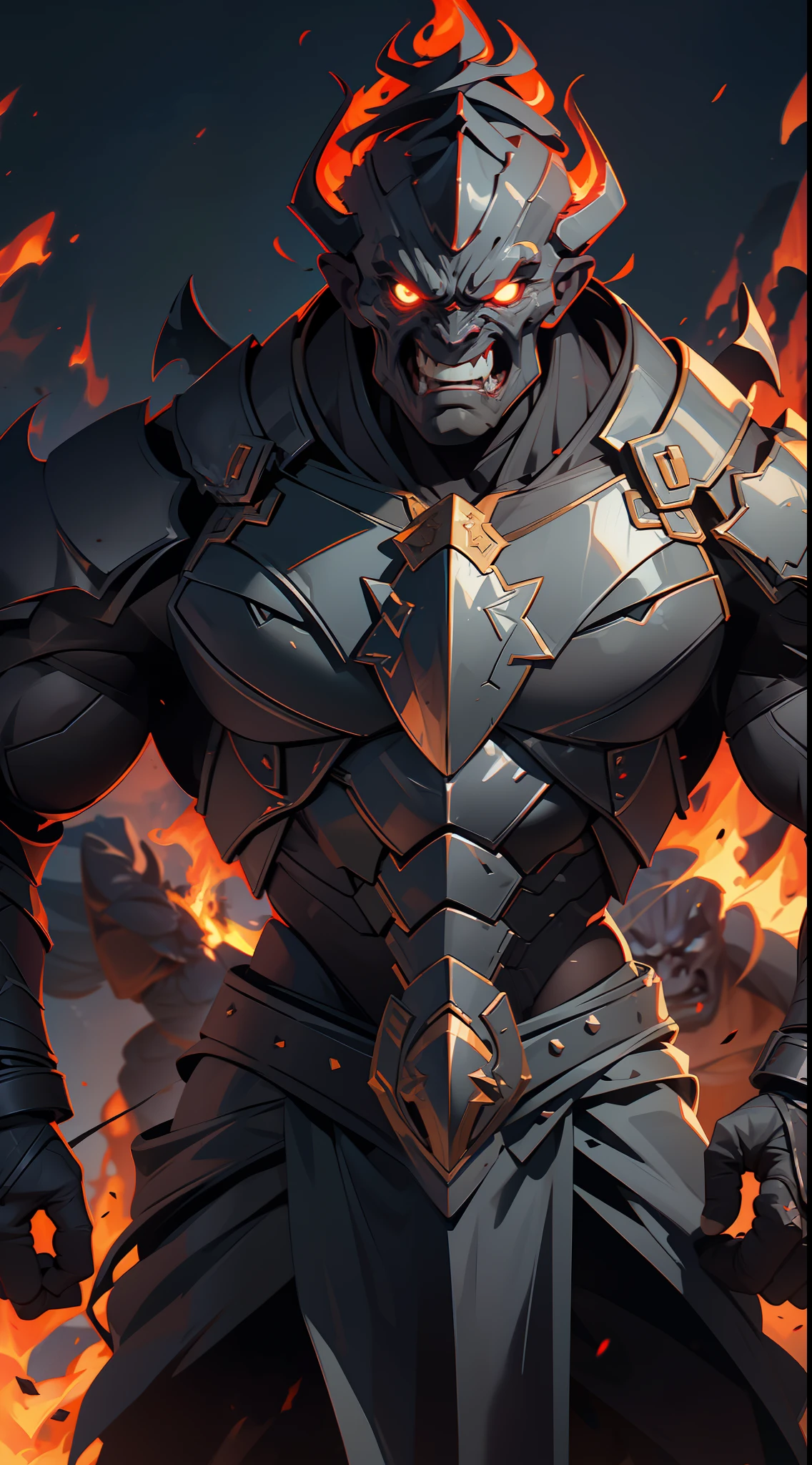 a very evil demon, powerful, extremely strong body, very muscular, wearing armor forged in darkness,(((in the background hell, gushing fire))).