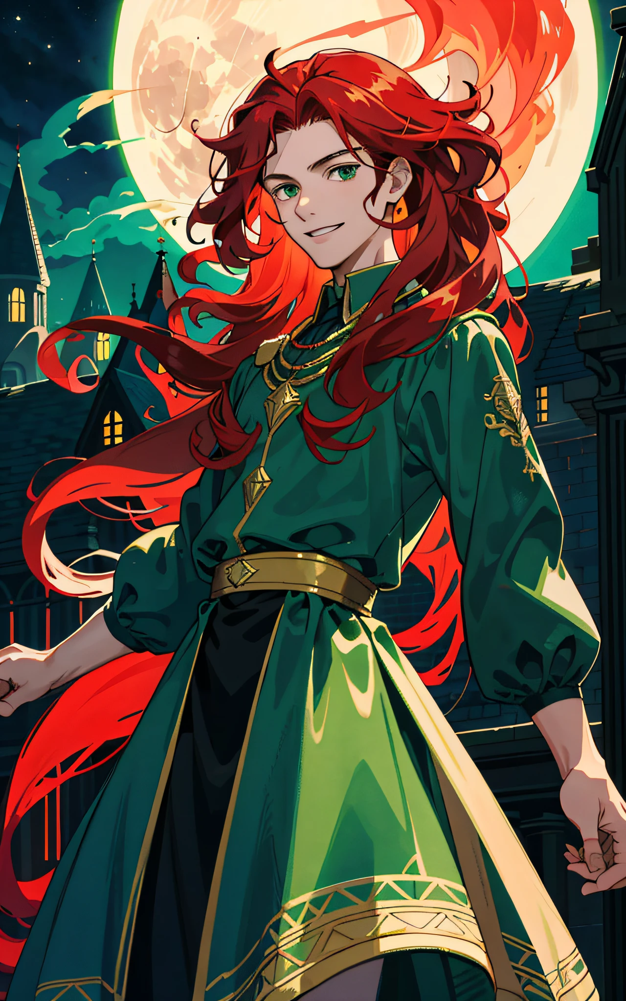 Masterpiece, best quality, best light and shadow, 1 male, teenager, long red curly hair, green eyes, smile, delicate face, accentuated face, intricate details, rich movements, delicate black skirt, European dress, dark night, moon, castle, red rose, flame