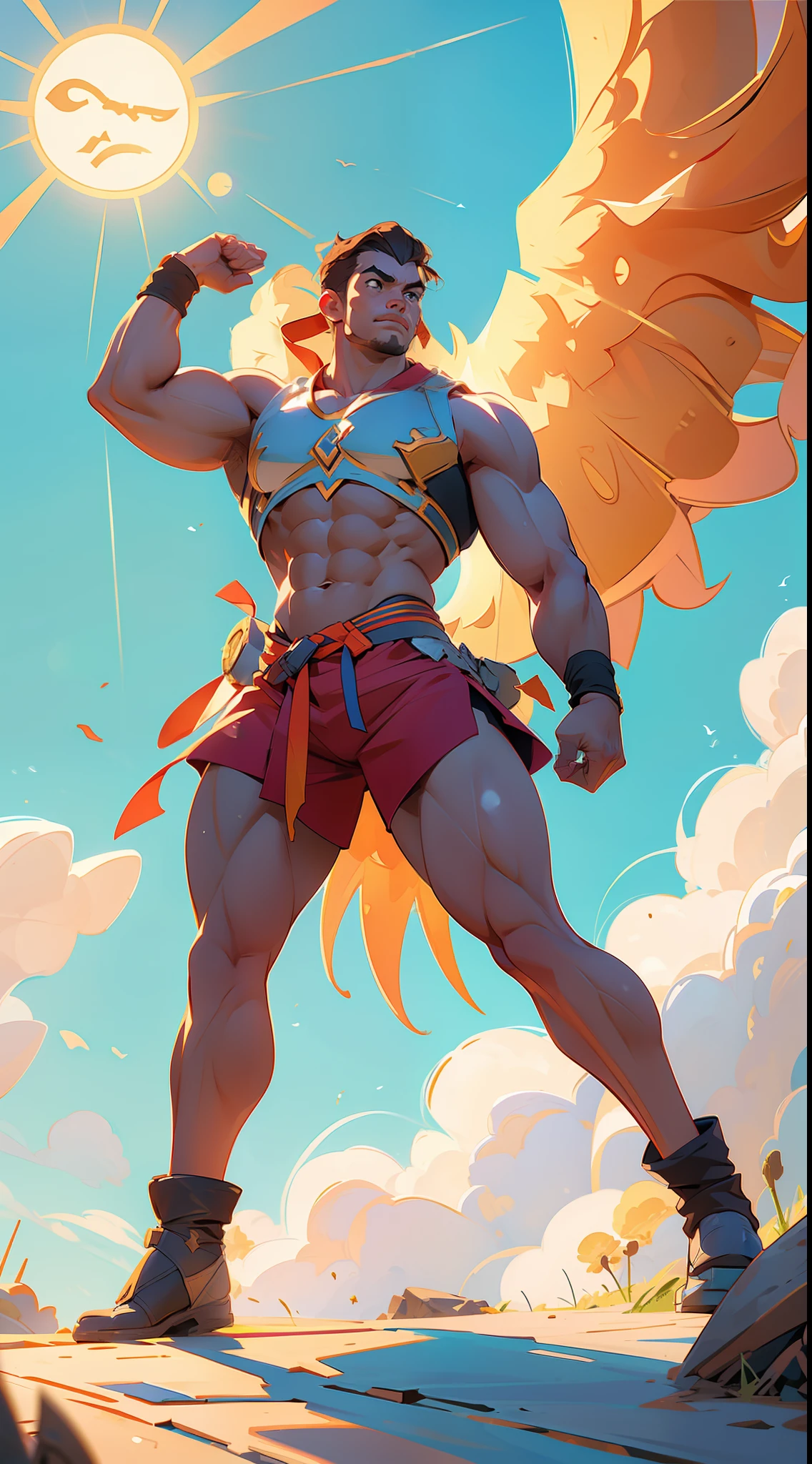 a angel, powerful, extremely strong body, very muscular, (((in the background the sky, sun shining))).