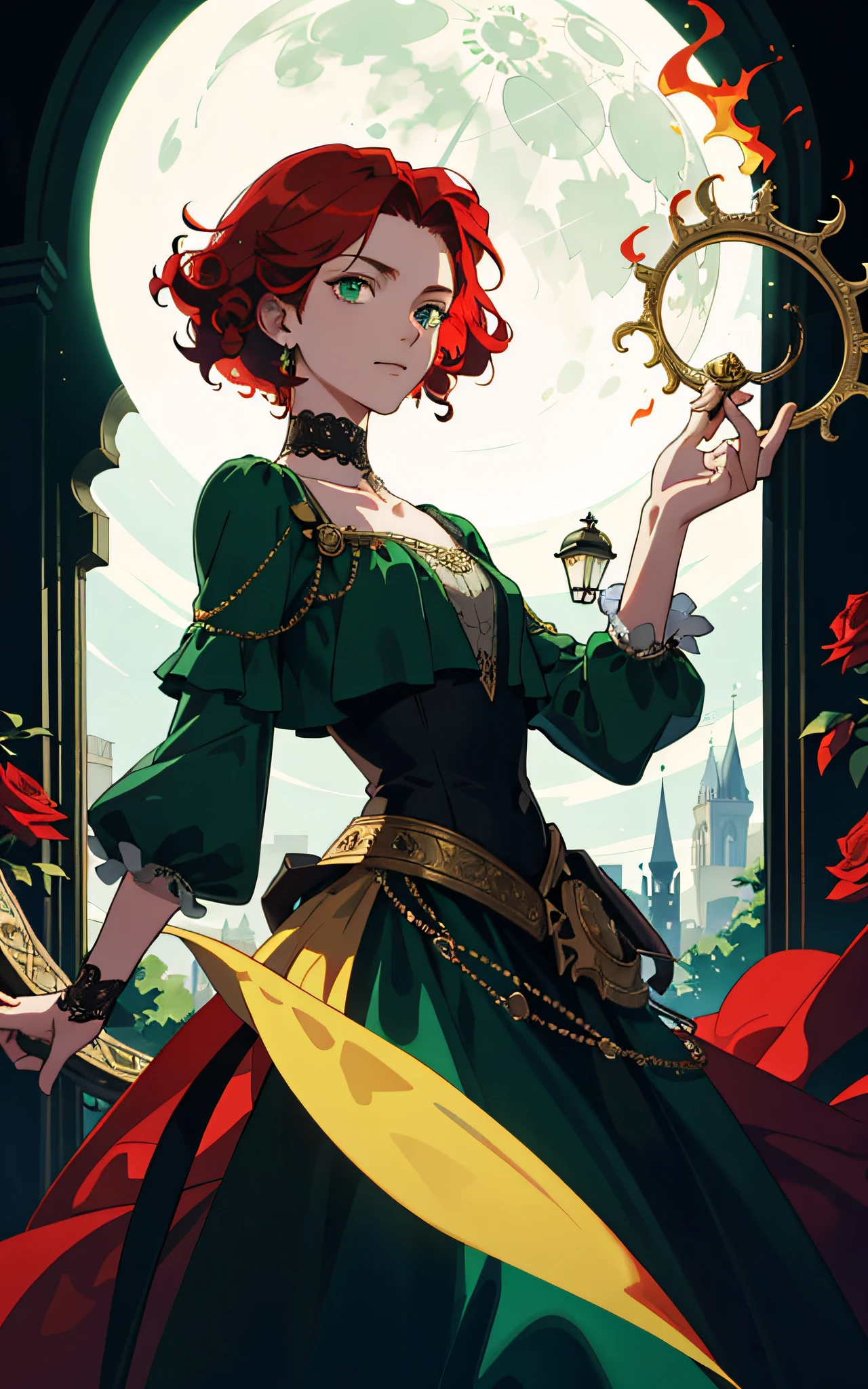 Masterpiece, best quality, best light and shadow, 1 male, teenager, red curly hair, green eyes, delicate face, prominent face, intricate details, rich movements, delicate black skirt, European dress, night, moon, castle, red rose, flame