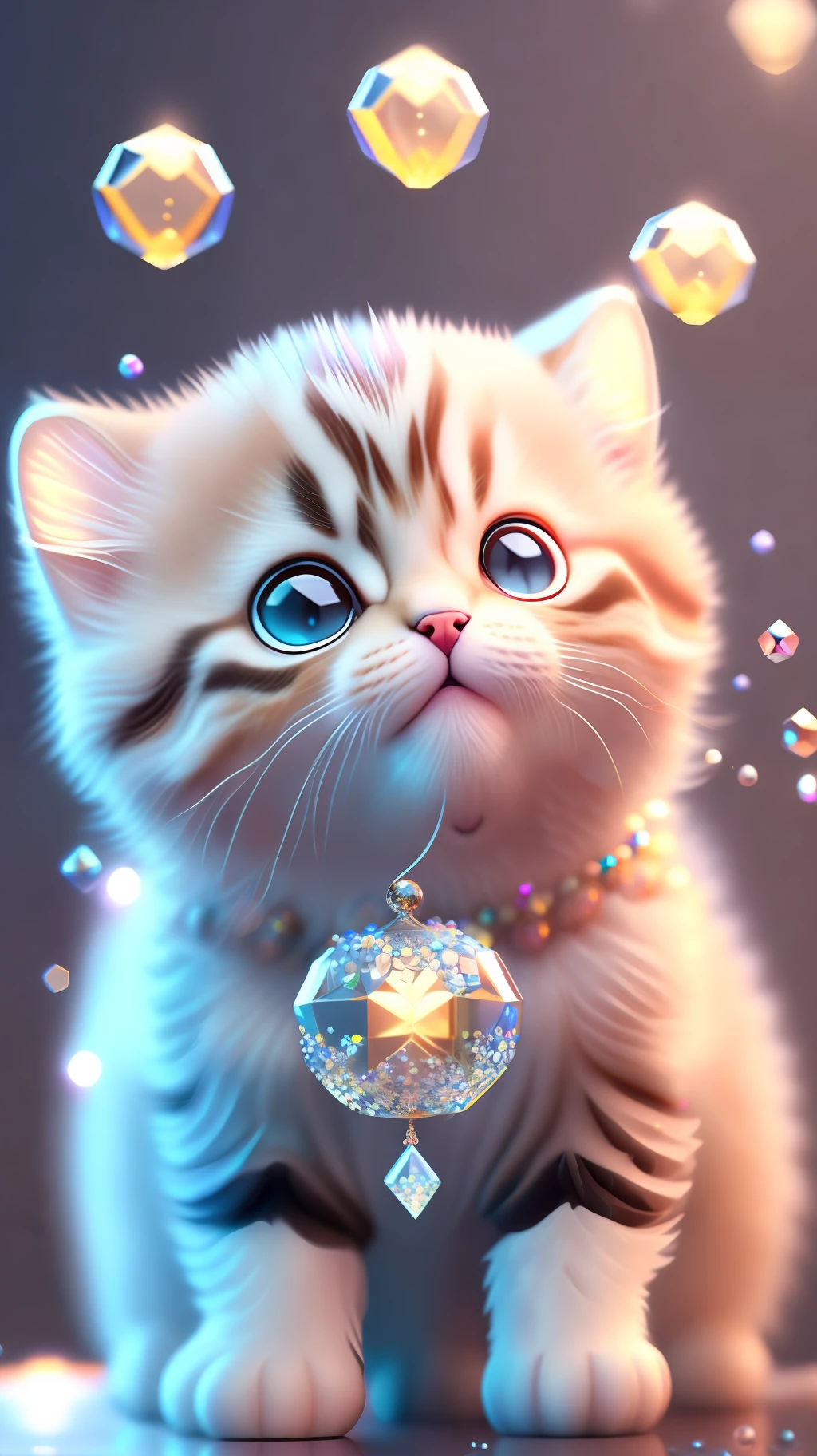 A cute kitten, made of crystal balls, laughs, highly detailed complex concept art trend with low-poly eyes ArtStation 8K