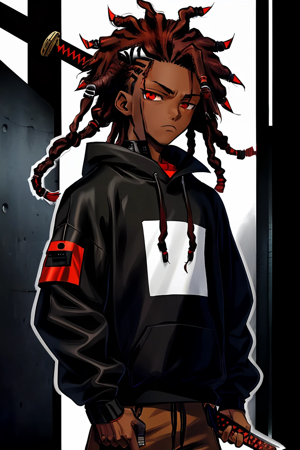 (extremely detailed), manga style, (1black boy), (1boy), alone, (red eyes), brown hair, ((short dreads style hair)), black techwear sweatshirt), (black street wear), (holding sword), white outline