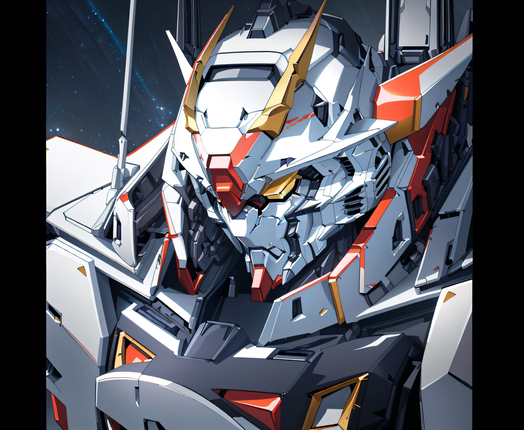 a close up of a robot with a futuristic look on his face, gundam head, barbatos gundam, on a gundam, gundam style, barbatos mobile suit, by Krenz Cushart, alexandre ferra white mecha, gundam, mobile suit gundam, official anime artwork, mobile suit, modern mecha anime, inspired by Krenz Cushart