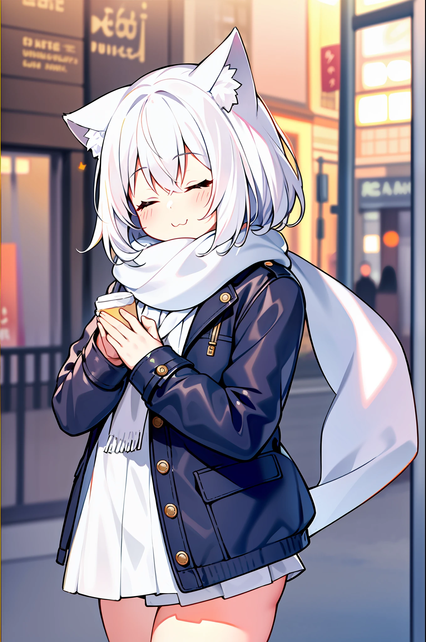 masterpiece, best quality, 1girl, white hair, medium hair, cat ears, closed eyes, looking at viewer, :3, cute, scarf, jacket, outdoors, streets,